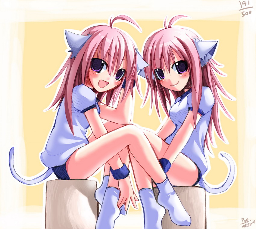 emperpep, 2girls, ahoge, animal ears, blush, cat ears, cat tail, gym uniform, long hair, multiple girls, open mouth, pink hair, purple eyes, red hair, siblings, sisters, smile, socks, tail, twins, wristband