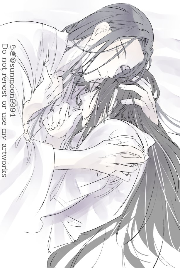 lan wangji, wei wuxian, modao zushi, 2boys, alternate costume, alternate hairstyle, bathrobe, bed sheet, black hair, chinese clothes, closed eyes, couple, finger sucking, finger to mouth, hair down, hand in another's hair, hand on another's head, hanfu, hug, long hair, lying, male focus, monochrome, multiple boys, on bed, on side, robe, sidelocks, sleeping, sunmoon9994, twitter username, very long hair, white robe, wide sleeves, yaoi