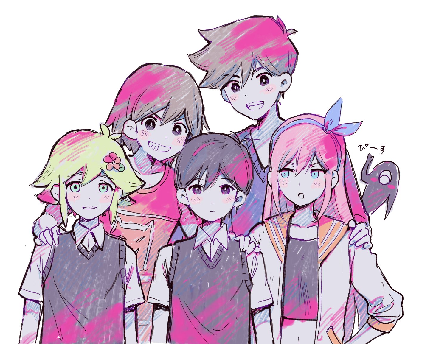 aoki (fumomo), aubrey (faraway) (omori), aubrey (omori), basil (faraway) (omori), basil (omori), hero (faraway) (omori), hero (omori), kel (faraway) (omori), kel (omori), something (omori), sunny (omori), omori, commentary request, translated, 1girl, 4boys, alternate color, antenna hair, black eyes, black hair, black sweater vest, blonde hair, blue eyes, blue hairband, blue sweater, blush, bright pupils, brothers, brown hair, closed mouth, collarbone, collared shirt, crop top, double-parted bangs, flower, grin, hair between eyes, hair flower, hair ornament, hairband, hand on another's shoulder, jacket, long hair, long sleeves, looking at another, looking at viewer, multiple boys, open clothes, open jacket, open mouth, parted lips, pink hair, shirt, short-sleeved jacket, short hair, short sleeves, siblings, sidelocks, simple background, sketch, smile, sweater, sweater vest, teeth, upper teeth only, v, white background, white jacket, white pupils, white shirt