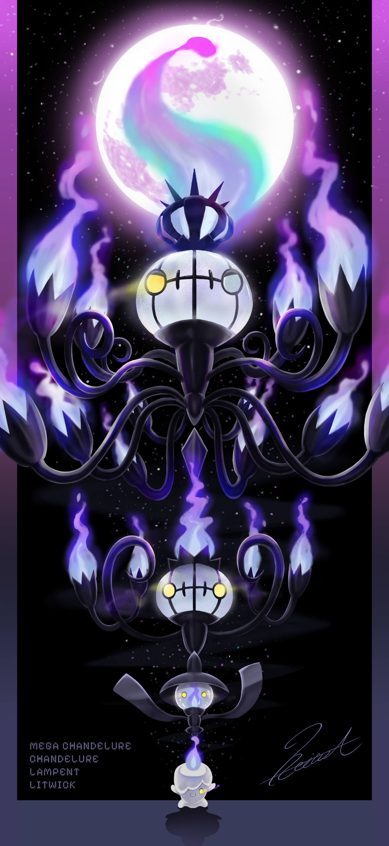 peace7322, chandelure, lampent, litwick, mega chandelure, nintendo, pokemon, absurdres, highres, revision, black background, blue fire, border, character name, evolutionary line, fire, full moon, gen 5 pokemon, glowing, glowing eyes, gradient border, moon, no humans, pokemon (creature), pokemon focus, purple border, signature, yellow eyes