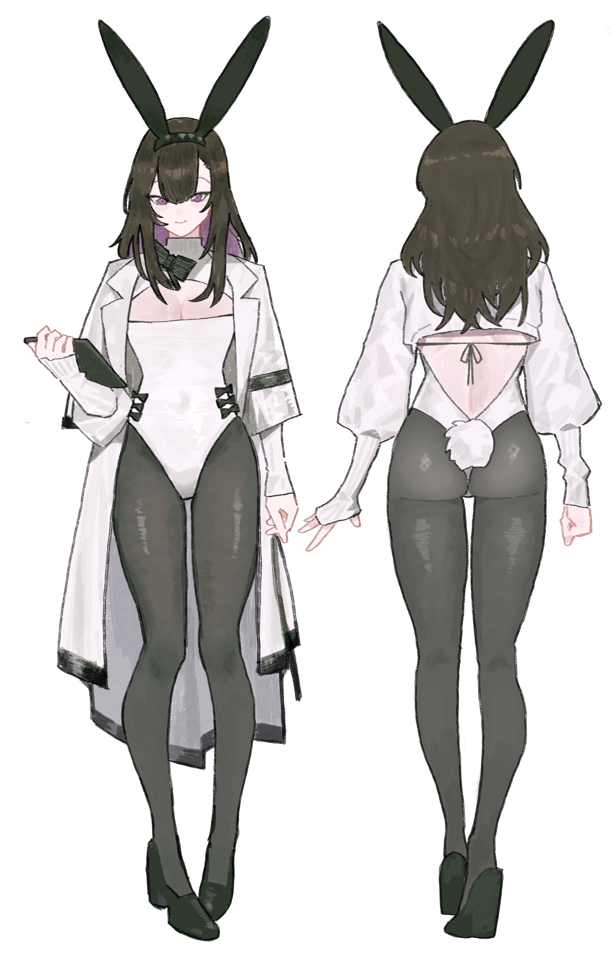 izaru 31, priestess (arknights), arknights, highres, 1girl, alternate costume, animal ears, ass, black pantyhose, black shoes, breasts, brown hair, clipboard, closed mouth, coat, fake animal ears, fake tail, from behind, full body, grey background, hair between eyes, holding, holding clipboard, lab coat, leotard, looking down, medium hair, multiple views, pantyhose, playboy bunny, purple eyes, rabbit ears, rabbit tail, shoes, simple background, small breasts, smile, tail, white coat, white leotard
