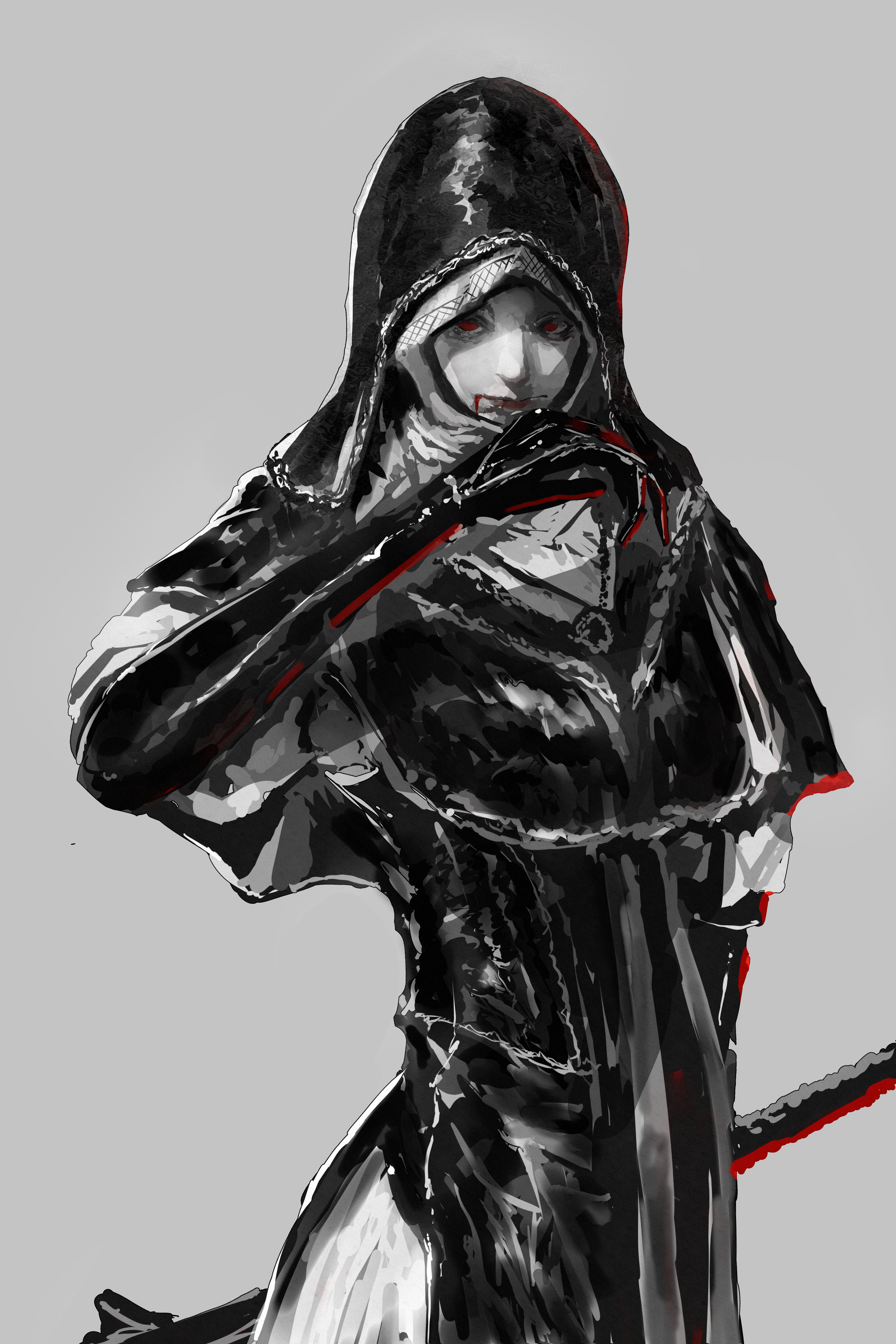 graffitigw, undertaker (elden ring), elden ring, elden ring nightreign, absurdres, highres, 1girl, black capelet, black corset, black hood, blood, blood on face, capelet, coif, corset, cowboy shot, flanged mace, grey background, holding, holding mace, holding weapon, mace, nun, solo, spot color, weapon, white coif, wiping face, wiping mouth