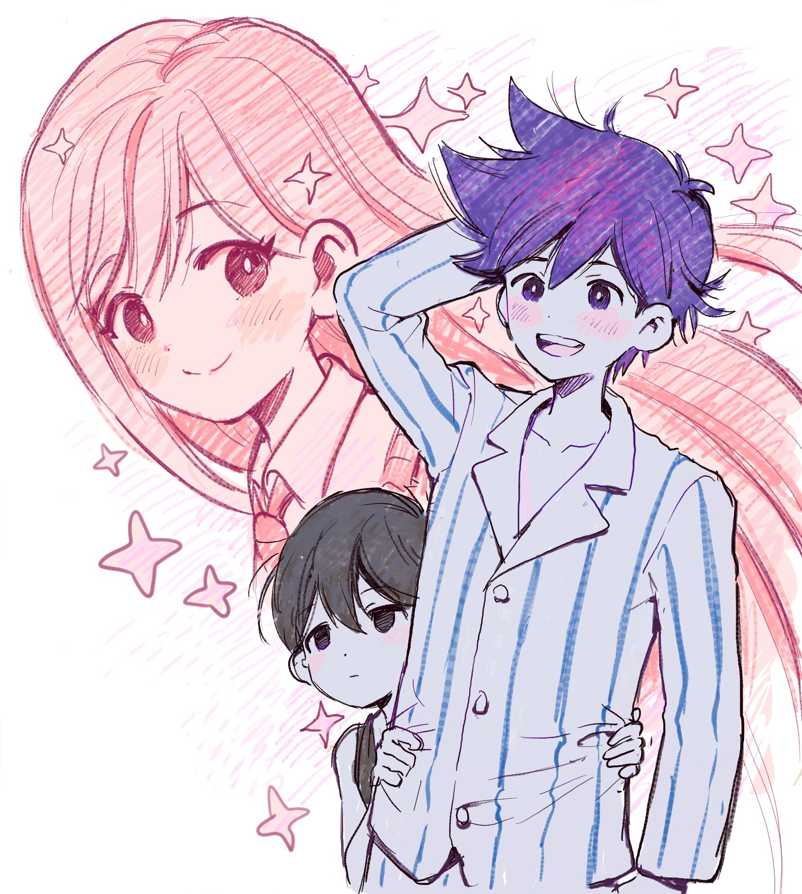 aoki (fumomo), hero (headspace) (omori), hero (omori), mari (headspace) (omori), mari (omori), omori (omori), omori, commentary request, highres, 1girl, 2boys, antenna hair, arm behind head, arm up, black eyes, black hair, black tank top, blush, bright pupils, brother and sister, closed mouth, collarbone, collared pajamas, collared shirt, colored skin, double-parted bangs, expressionless, hair between eyes, long hair, long sleeves, multiple boys, neckerchief, pajamas, purple eyes, purple hair, shirt, short hair, siblings, simple background, sparkle, striped clothes, striped pajamas, tank top, vertical-striped clothes, vertical-striped pajamas, white background, white pajamas, white skin