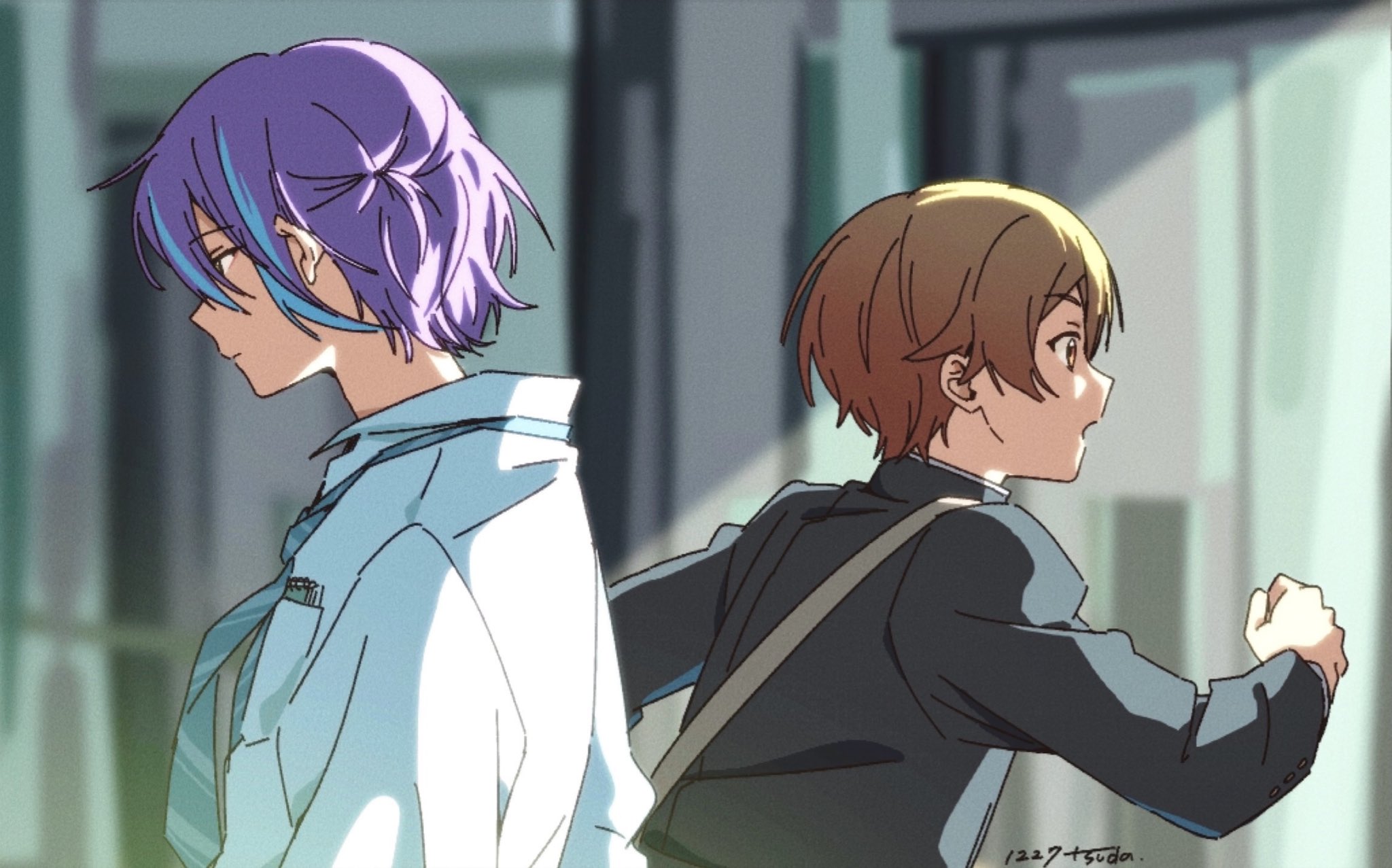 yutsukidayo, kamishiro rui, tenma tsukasa, project sekai, highres, bag, blazer, closed mouth, jacket, looking to the side, necktie, open mouth, purple hair, running, shirt, shoulder bag, watermark, white shirt