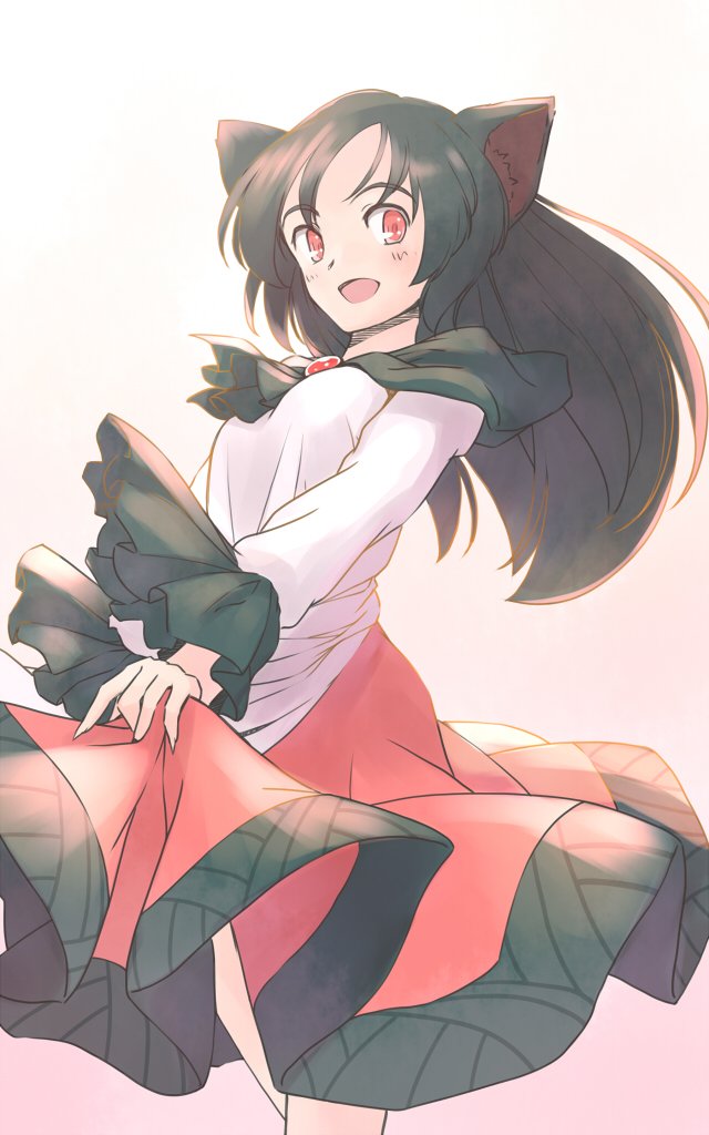 rangycrow, imaizumi kagerou, touhou, commentary request, 1girl, :d, animal ears, black capelet, blush, breasts, brooch, brown hair, capelet, dress, feet out of frame, gem, jewelry, long hair, long sleeves, medium breasts, one-hour drawing challenge, open mouth, orange background, red dress, red eyes, red gemstone, sideways glance, smile, solo, white dress, wolf ears, wolf girl