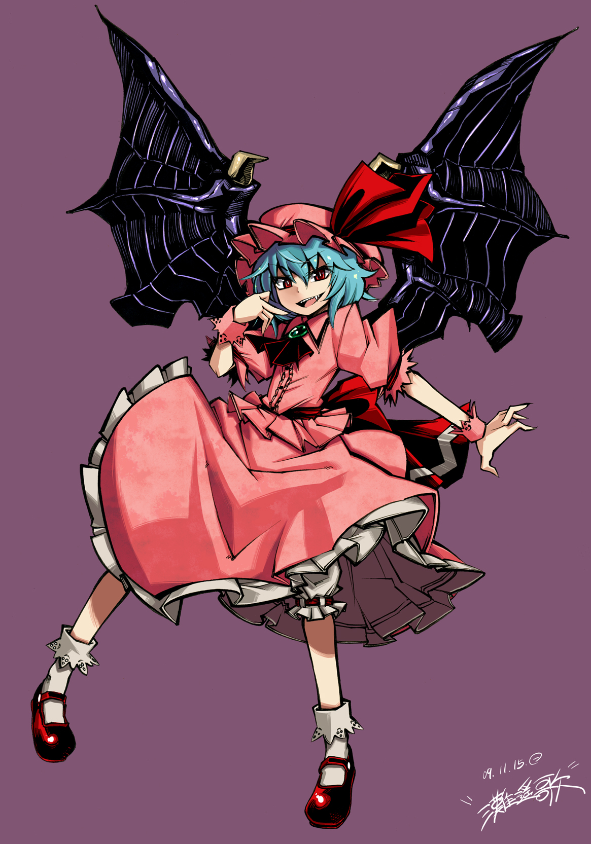 nada haruka, remilia scarlet, touhou, highres, 1girl, alternate wings, bat wings, bloomers, blue hair, bobby socks, clothes lift, dress, dress lift, fang, fangs, female focus, full body, hat, hat ribbon, mary janes, petticoat, red eyes, ribbon, shoes, short hair, simple background, socks, solo, underwear, wind, wind lift, wings