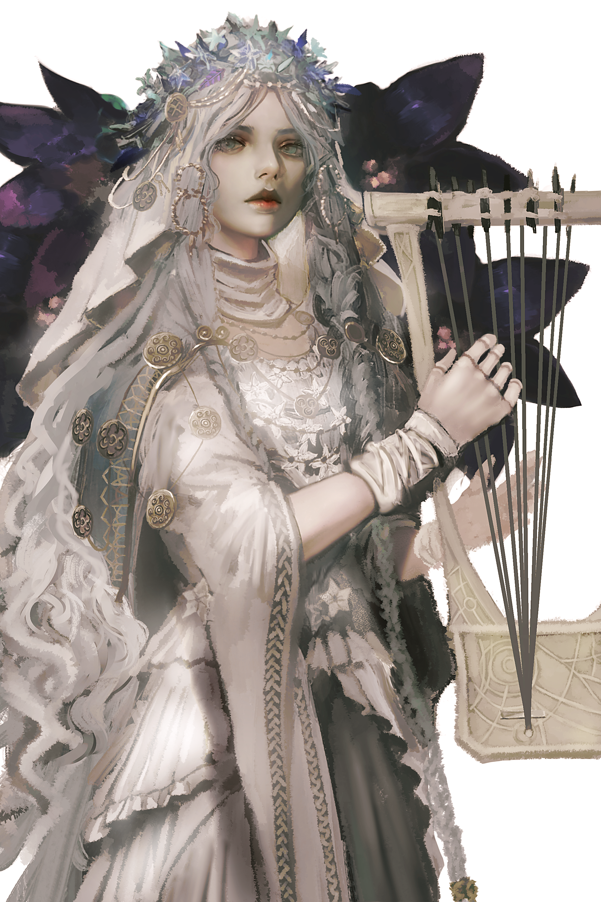 graffitigw, revenant (elden ring), elden ring, elden ring nightreign, absurdres, highres, 1girl, braid, cowboy shot, doll joints, flower, flower wreath, head wreath, holding, holding instrument, holding lyre, instrument, jewelry, joints, long hair, looking to the side, low twin braids, lyre, solo, twin braids, veil, white background, white hair, white veil, wide sleeves