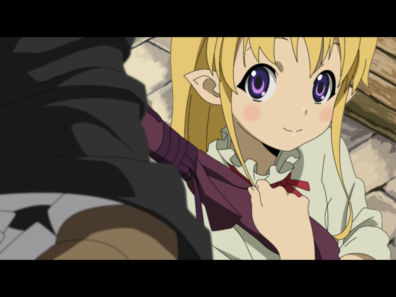 12ko, lisa (seiken no blacksmith), seiken no blacksmith, bad id, bad pixiv id, highres, 00s, blonde hair, blush, blush stickers, cape, from above, katana, letterboxed, looking up, pointy ears, purple eyes, smile, sword, weapon