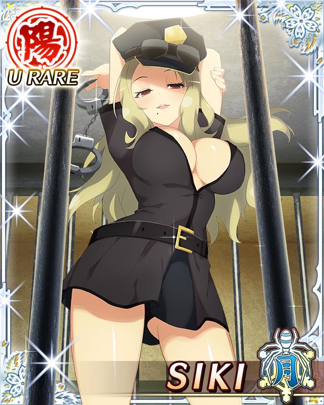 shiki (senran kagura), senran kagura, senran kagura new wave, game cg, official art, third-party source, 1girl, arms behind head, arms up, black dress, blonde hair, border, breasts, card (medium), center opening, character name, cuffs, dress, eyewear on head, gluteal fold, half-closed eyes, hand on own arm, handcuff dangle, handcuffs, hat, holding, holding handcuffs, large breasts, long hair, looking at viewer, looking down, mole, mole under mouth, peaked cap, police, police hat, police uniform, policewoman, prison, red eyes, seductive smile, smile, solo, sunglasses
