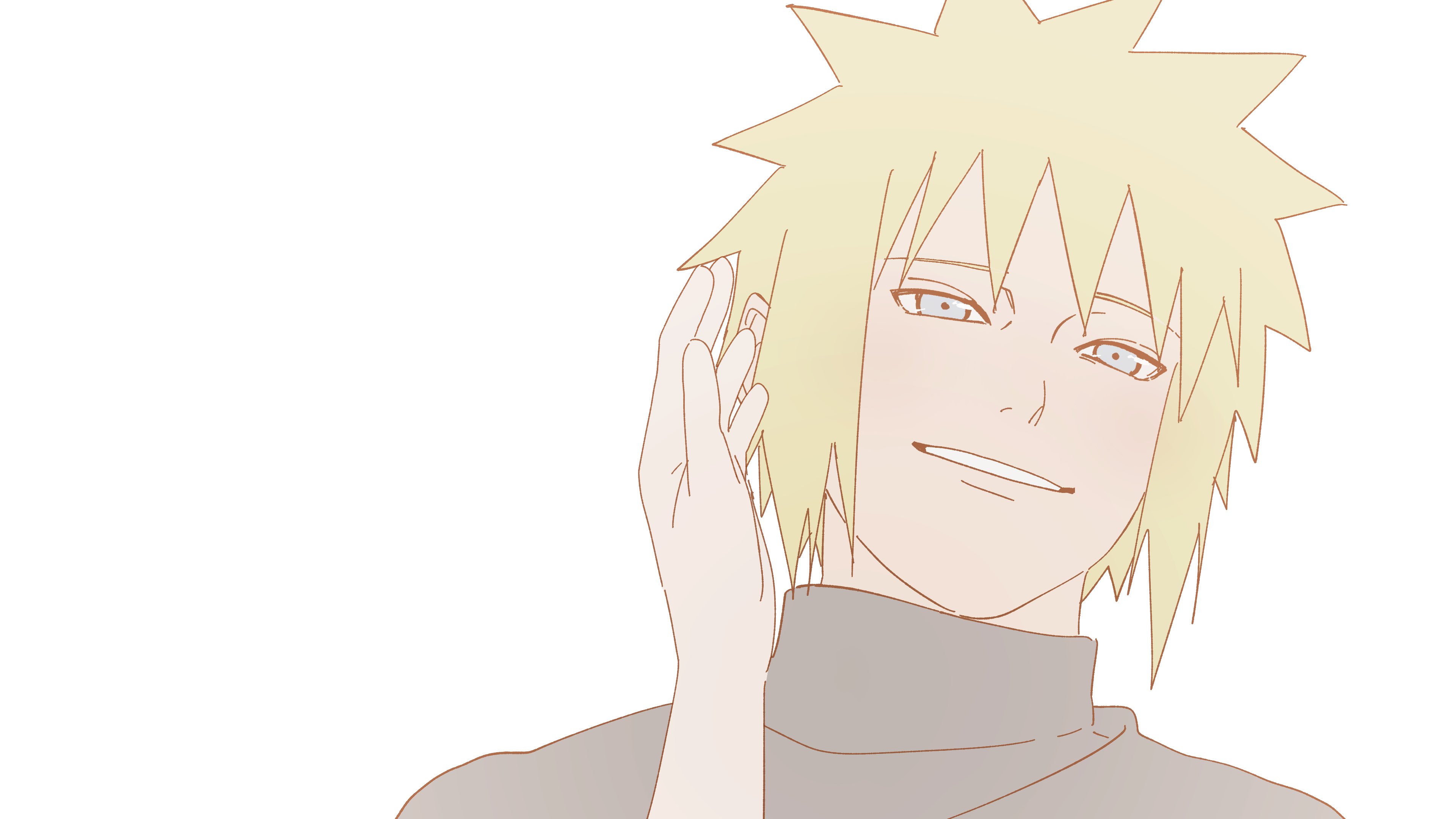 pnpk 1013, namikaze minato, uzumaki kushina, naruto (series), naruto shippuuden, absurdres, highres, 1boy, blonde hair, blue eyes, parted lips, pov, short hair, simple background, smile, solo focus, spiked hair, upper body, white background