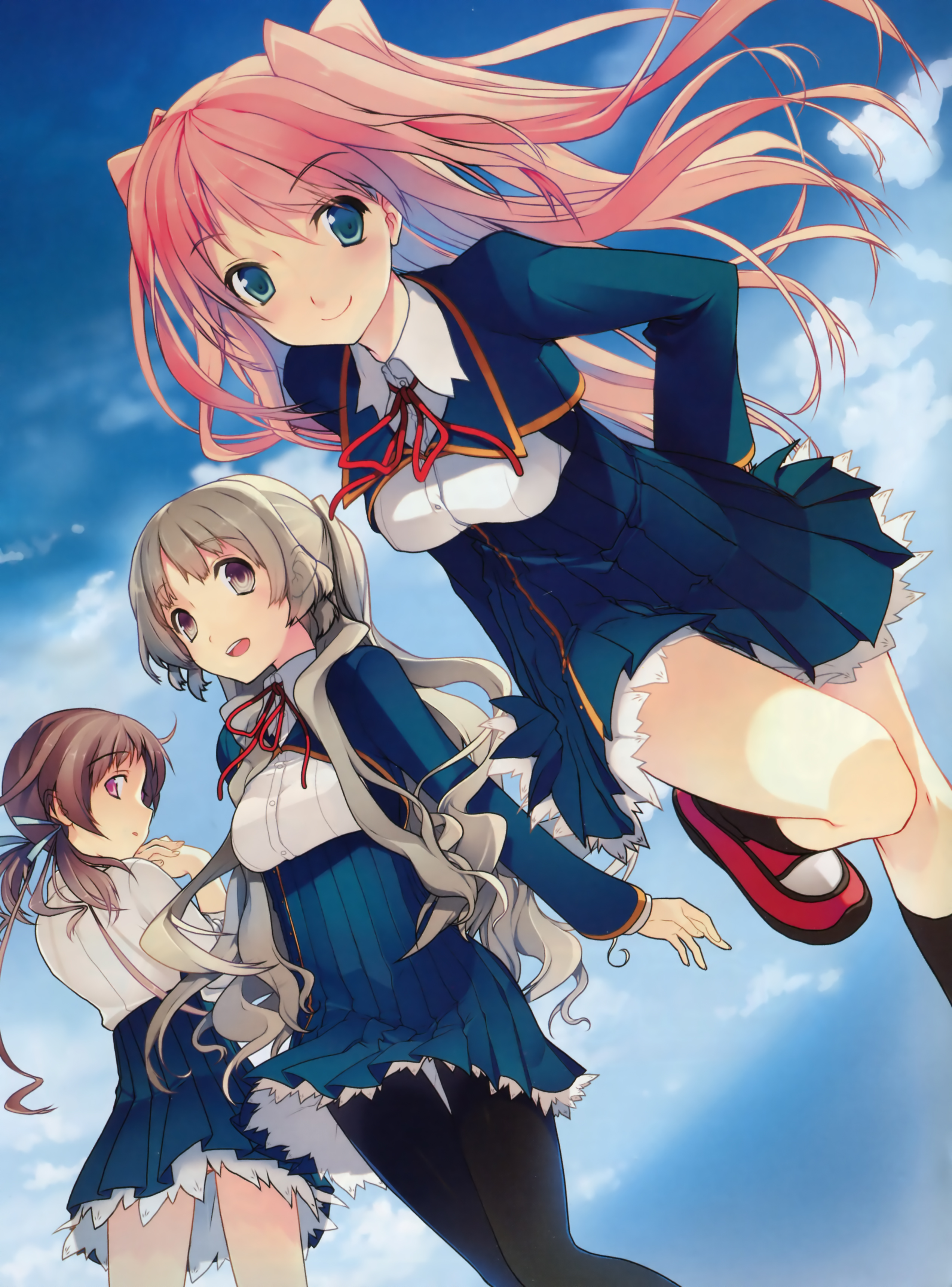 akinashi yuu, aomi isara, kiba mifuyu, sumiyoshi chisato, koi to senkyo to chocolate, absurdres, highres, 10s, 3girls, brown hair, framed breasts, long hair, multiple girls, panties, pantyhose, pink hair, ribbon, school uniform, sleeves pushed up, smile, thigh gap, underwear