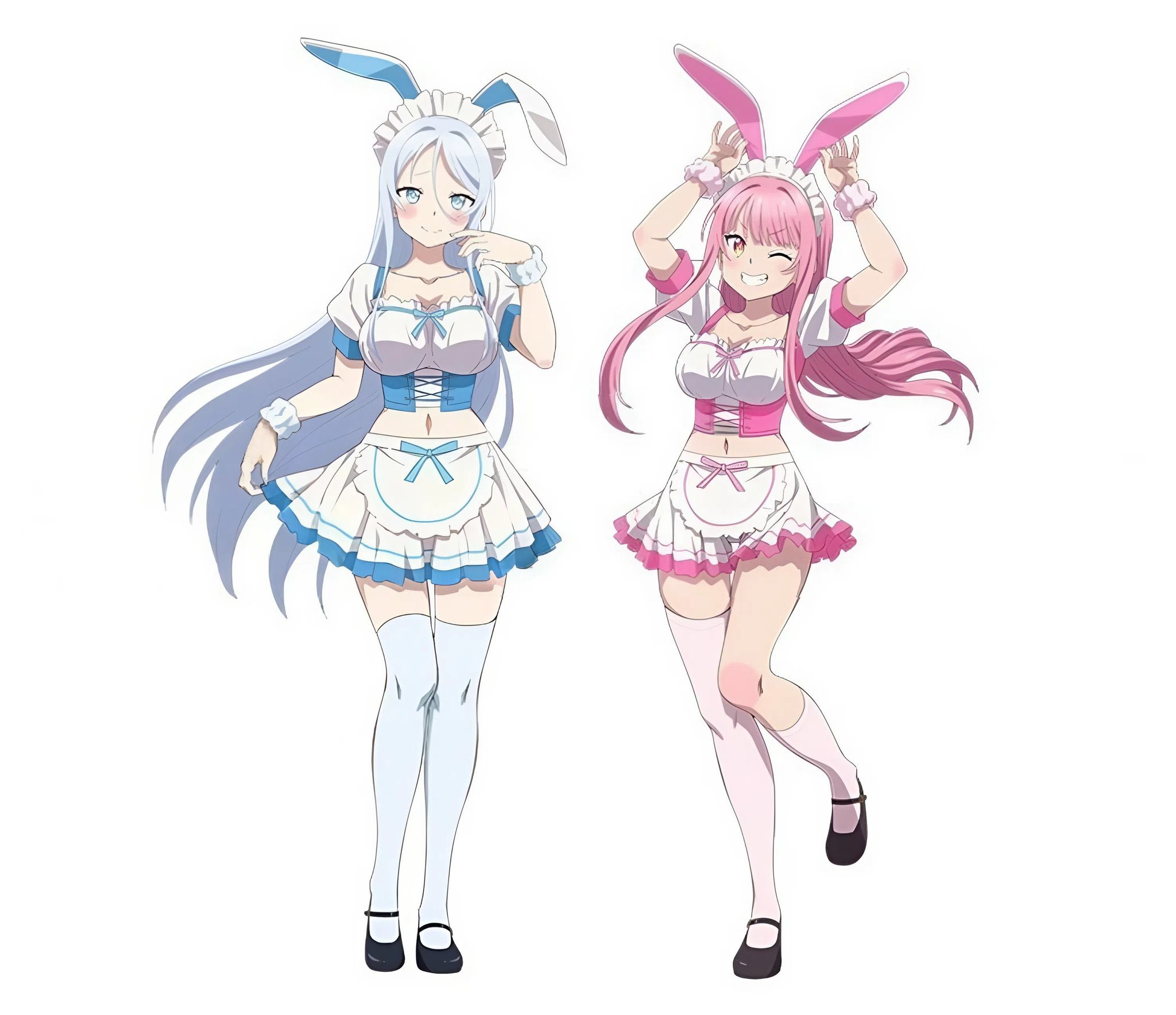 sylpha langlis, tao yuifa, tensei shitara dai nana oji datta no de: kimama ni majutsu o kiwamemasu, artist request, highres, official art, third-party source, 2girls, animal ears, asymmetrical legwear, black shoes, blue corset, blue eyes, blue hair, blush stickers, breasts, closed mouth, clothes grab, corset, eyebrows hidden by hair, fake animal ears, full body, hair between eyes, large breasts, long hair, looking at viewer, maid, maid headdress, midriff, multiple girls, navel, open mouth, pink corset, pink eyes, pink hair, rabbit pose, scrunchie, shoes, simple background, skirt grab, smile, socks, standing, standing on one leg, teeth, thighhighs, unconventional maid, very long hair, white background, white headdress, white socks, white thighhighs, wrist scrunchie