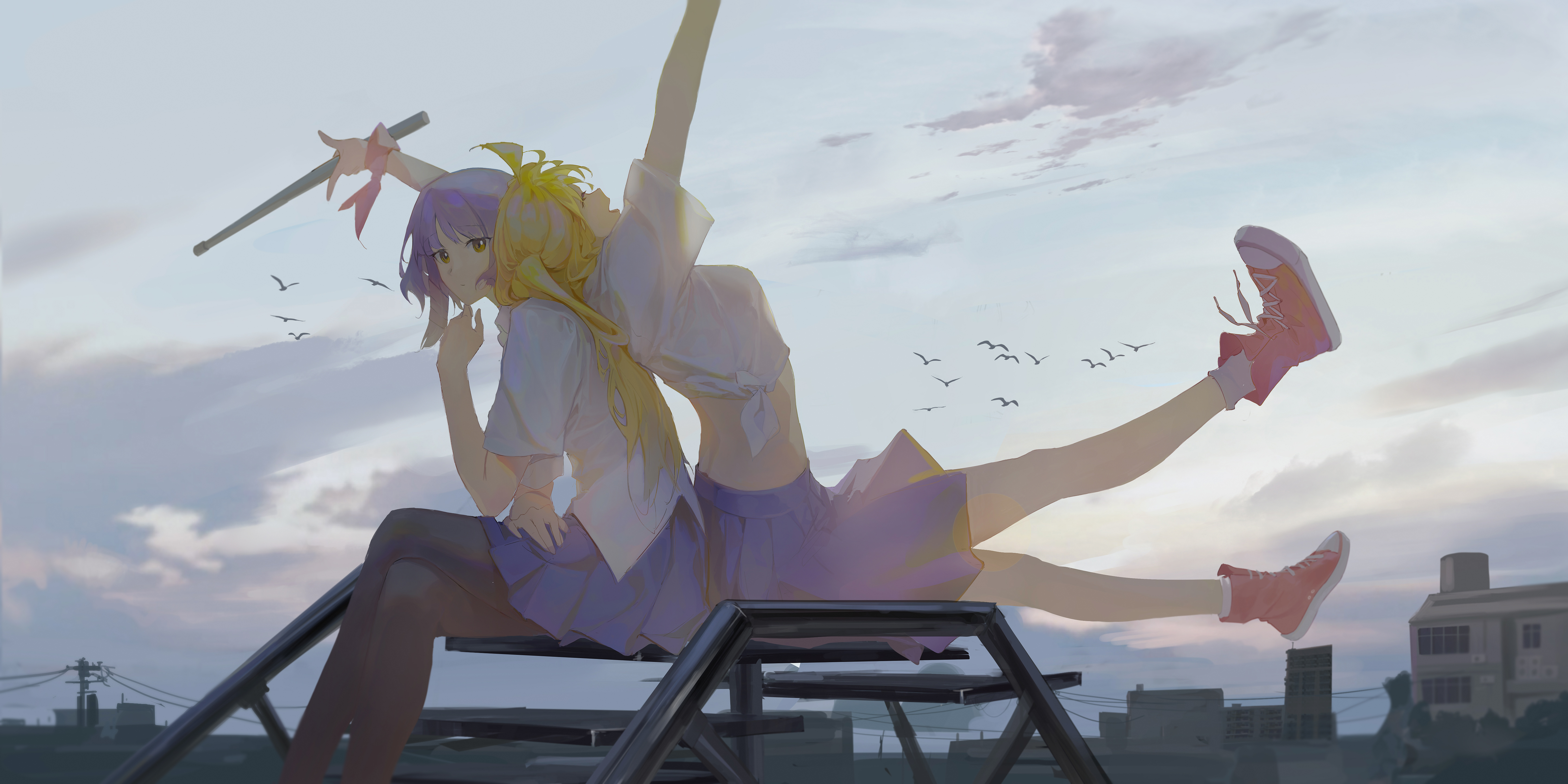 world (1257843324), ijichi nijika, yamada ryo, bocchi the rock!, absurdres, commentary request, highres, 2girls, back-to-back, bird, black pantyhose, blonde hair, blue hair, blue skirt, breasts, cloud, drumsticks, holding, holding drumsticks, long hair, looking at viewer, medium breasts, midriff, multiple girls, outdoors, pantyhose, pleated skirt, red shoes, shirt, shoes, short hair, sitting, skirt, tied shirt