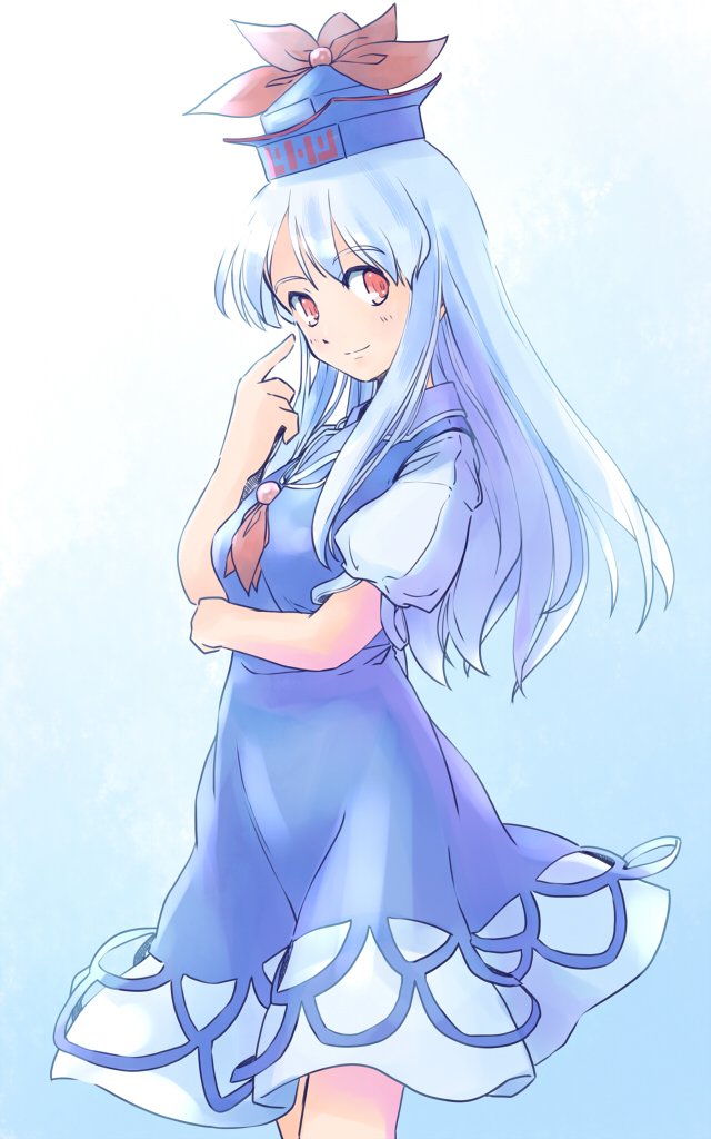 rangycrow, kamishirasawa keine, touhou, commentary request, 1girl, blue background, blue hair, blue hat, breasts, feet out of frame, gradient background, hand up, hat, hat ribbon, index finger raised, long hair, medium breasts, neckerchief, one-hour drawing challenge, puffy short sleeves, puffy sleeves, red eyes, red neckerchief, red ribbon, ribbon, shirt, short sleeves, sidelocks, sideways glance, solo, white shirt