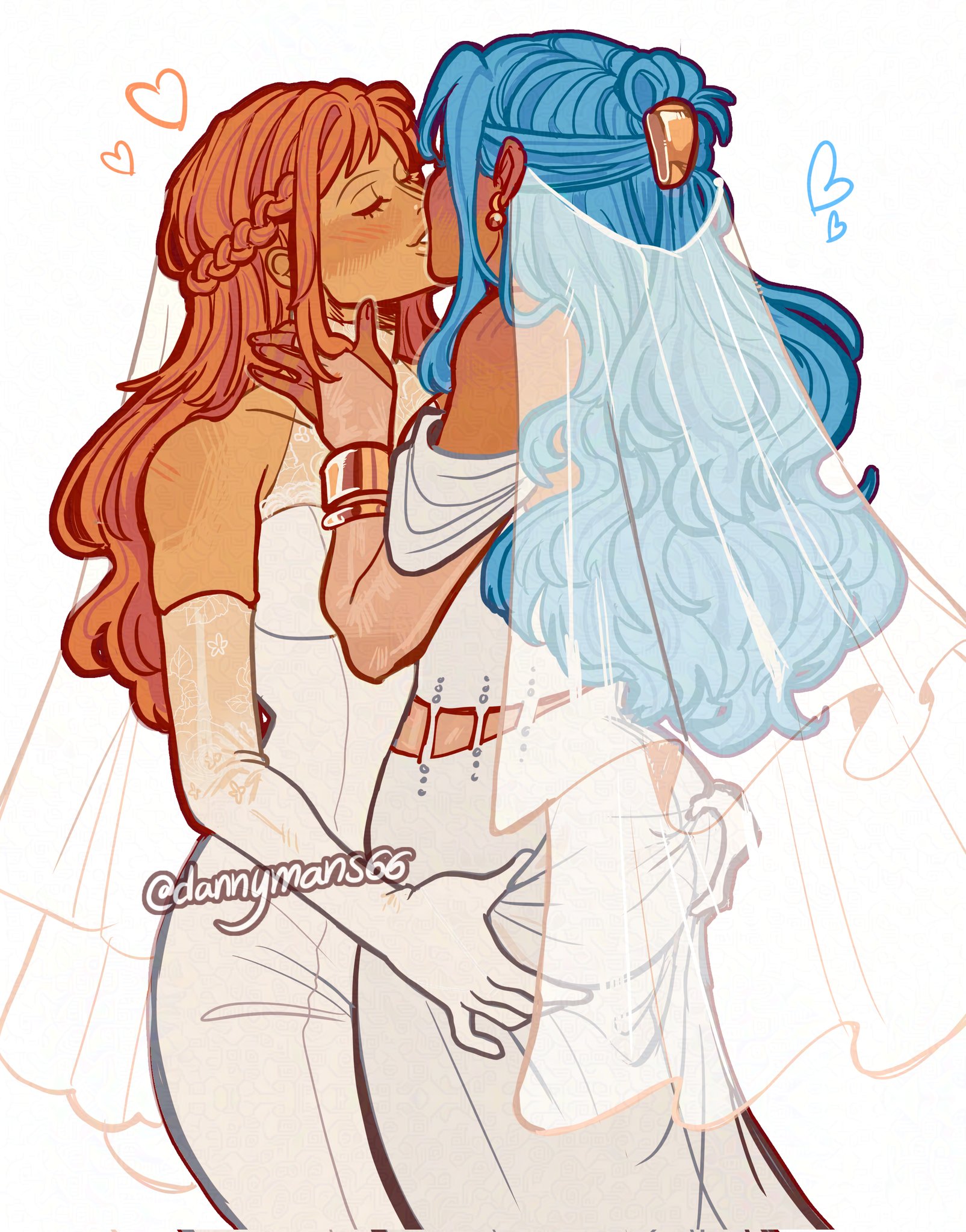 dannymans66, nami (one piece), nefertari vivi, one piece, highres, 2girls, alternate hairstyle, artist name, ass, bare shoulders, blue hair, bracelet, braid, bridal gauntlets, bridal veil, closed eyes, dark-skinned female, dark skin, dress, earrings, elbow gloves, gloves, grabbing another's ass, groping, hair ornament, half up braid, jewelry, kiss, long hair, long sidelocks, multiple girls, orange hair, see-through clothes, see-through gloves, sidelocks, sleeveless, twitter username, veil, wedding dress, white dress, yuri