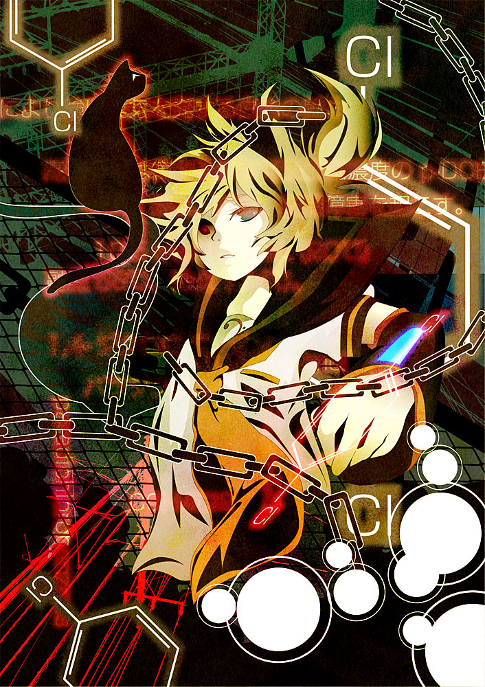 sakisato kiriko, kagamine len, paradichlorobenzene (vocaloid), vocaloid, bad id, bad pixiv id, 1boy, blonde hair, cat, green eyes, male focus, necktie, red eyes, shorts, solo