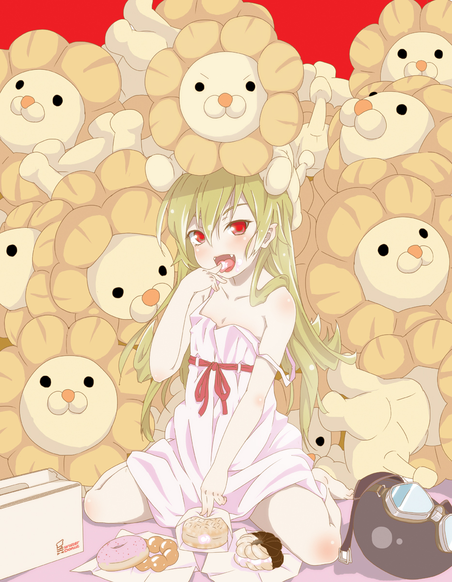 sankuro (agoitei), oshino shinobu, pon de lion, bakemonogatari, mister donut, monogatari (series), highres, 00s, 1girl, bare shoulders, barefoot, blonde hair, child, donut, fangs, female focus, food, goggles, helmet, lion, long hair, red eyes, solo, strap slip, unworn headwear, unworn helmet