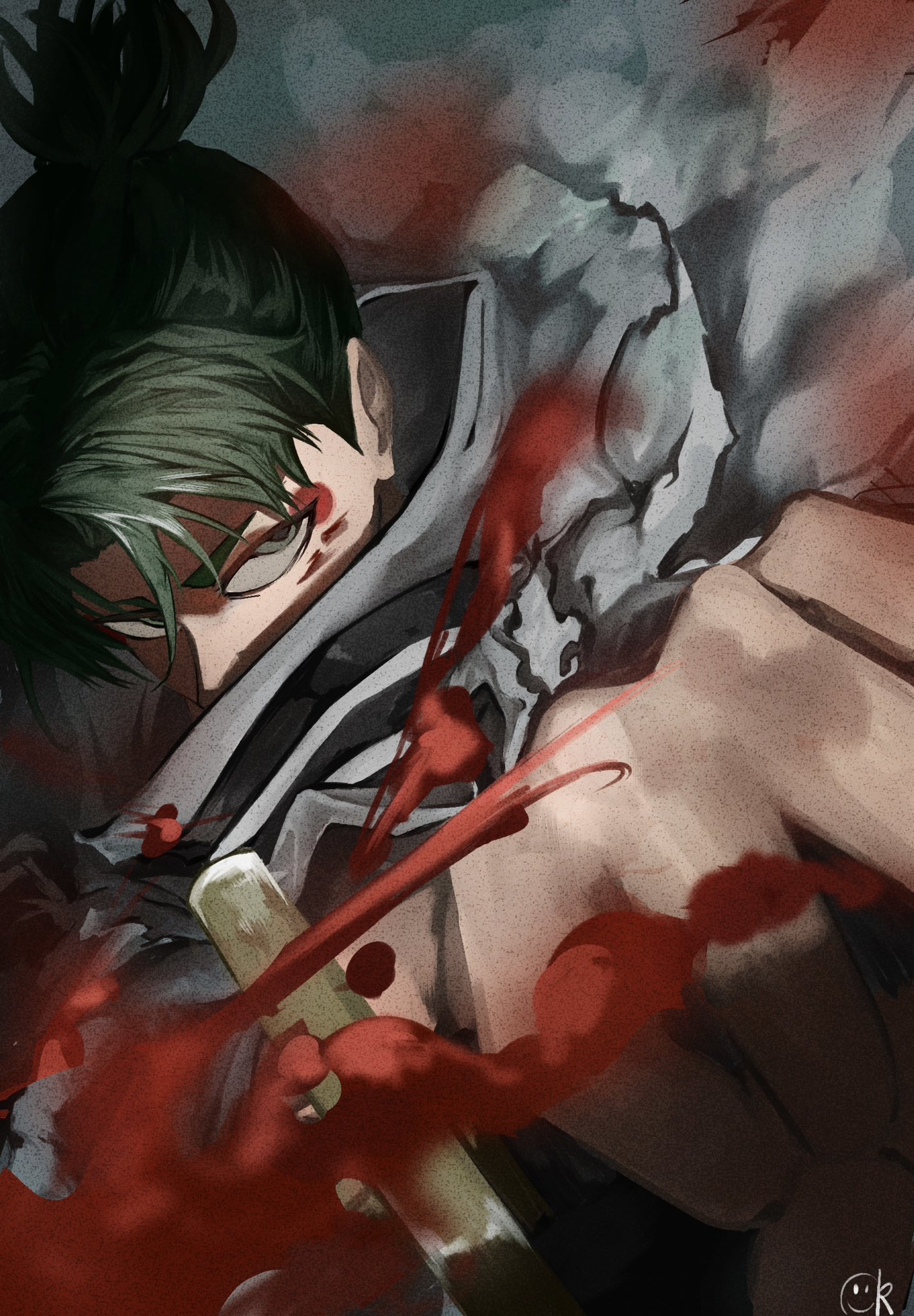 uruha youji, kagurabachi, highres, 1boy, black hair, cloak, collared cloak, green hair, holding, holding sword, holding weapon, katana, looking at viewer, m49m8whe5c24226, makeup, male focus, ponytail, short hair, solo, sword, weapon