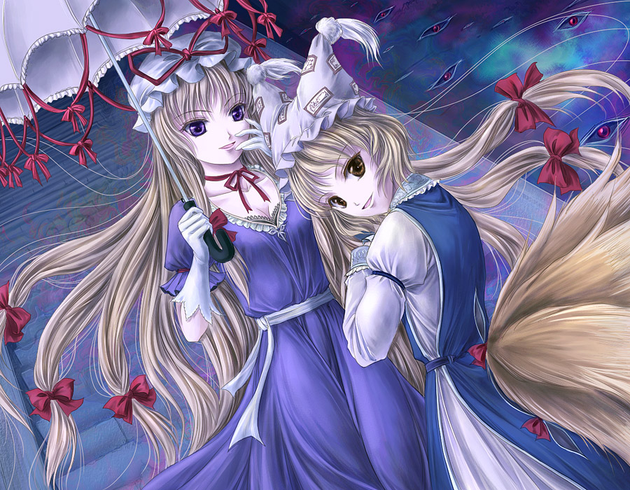 yuki shuuka, yakumo ran, yakumo yukari, touhou, bad id, bad pixiv id, 2girls, blonde hair, female focus, fox tail, gloves, hat, long hair, multiple girls, multiple tails, purple eyes, short hair, tail, yellow eyes