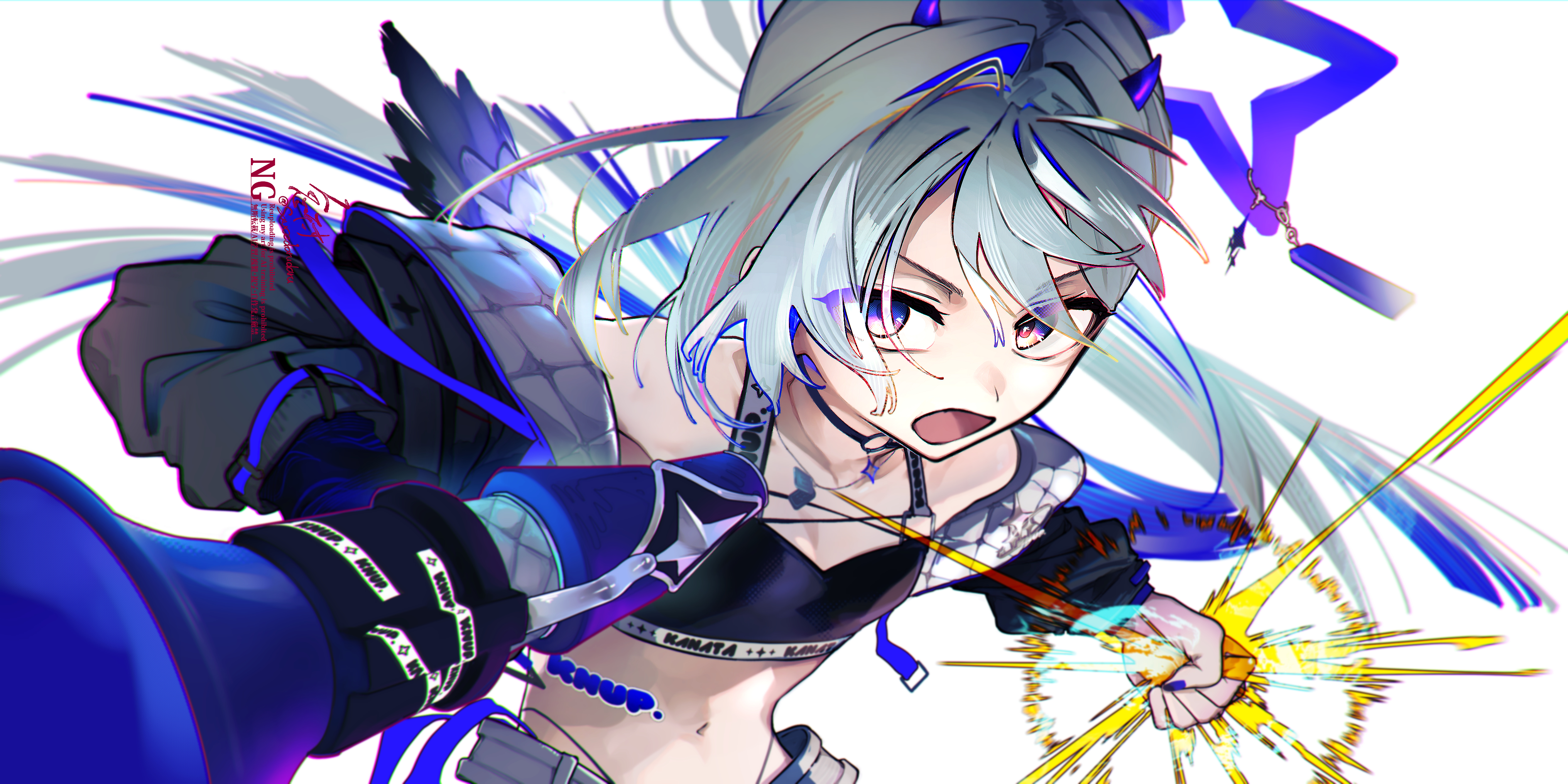 sauce darusungi, amane kanata, amane kanata (lock on), hololive, absurdres, commentary request, highres, 1girl, black jacket, black sports bra, blue hair, blue halo, choker, colored inner hair, criss-cross straps, demon horns, dog tags, feathered wings, flat chest, floating hair, grey hair, halo, highleg, highleg panties, holding, holding megaphone, horns, jacket, long hair, megaphone, mini wings, multicolored hair, navel, o-ring, o-ring choker, off shoulder, official alternate costume, open mouth, panties, panty straps, pink streaks, ponytail, purple eyes, quilted jacket, simple background, single hair intake, solo, sports bra, star halo, sticker on stomach, tilted halo, underwear, very long hair, virtual youtuber, white background, wings