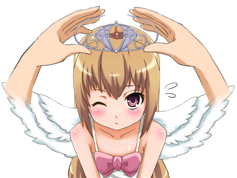 wittyz, aisaka taiga, toradora!, 00s, blush, bow, brown hair, child, long hair, one eye closed, purple eyes, solo, tiara, wings, wink