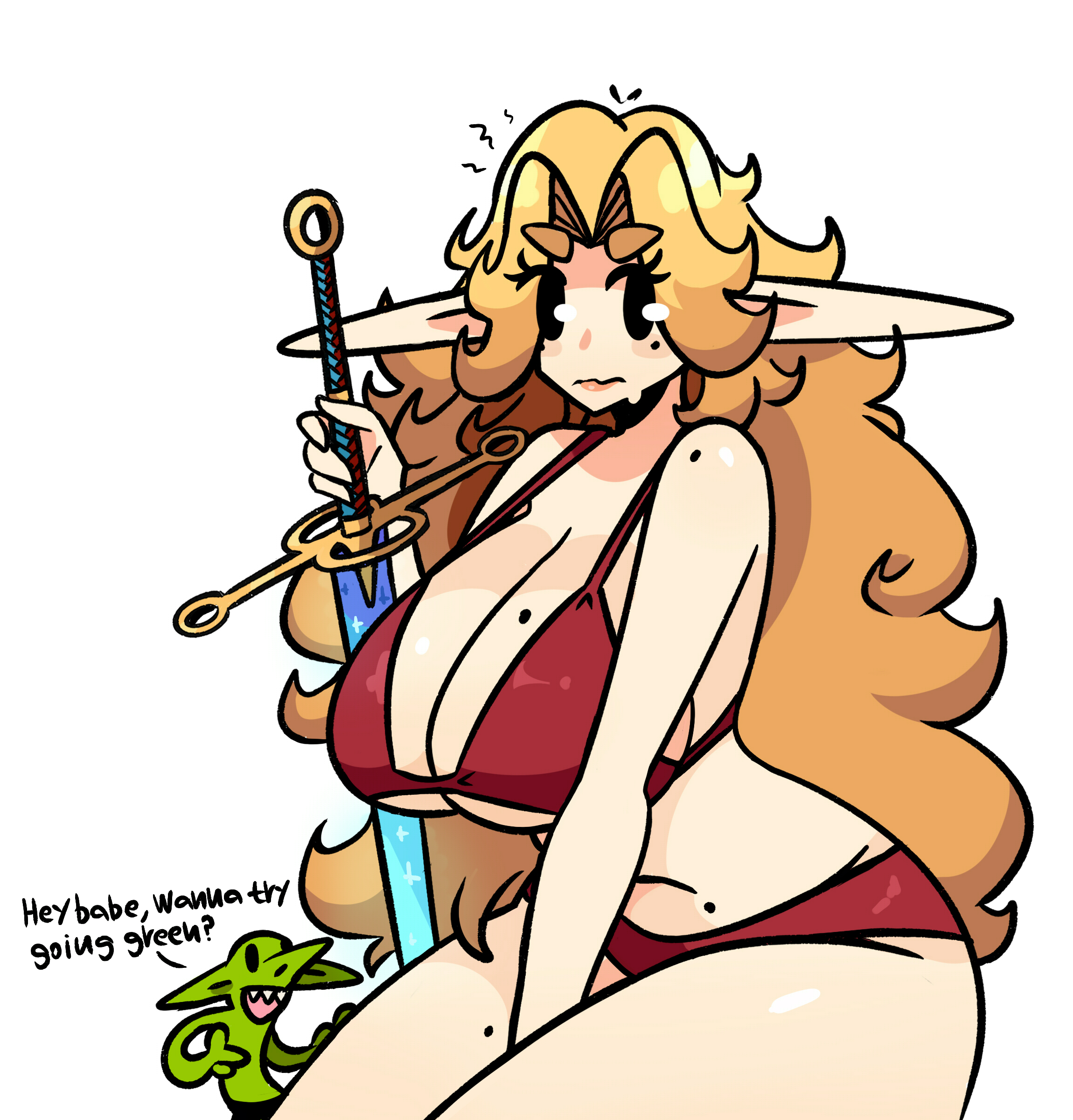 murgoten, 1girl, bikini, breasts, english text, long hair, mole, mole on breast, mole under eye, pointy ears, swimsuit, sword, weapon