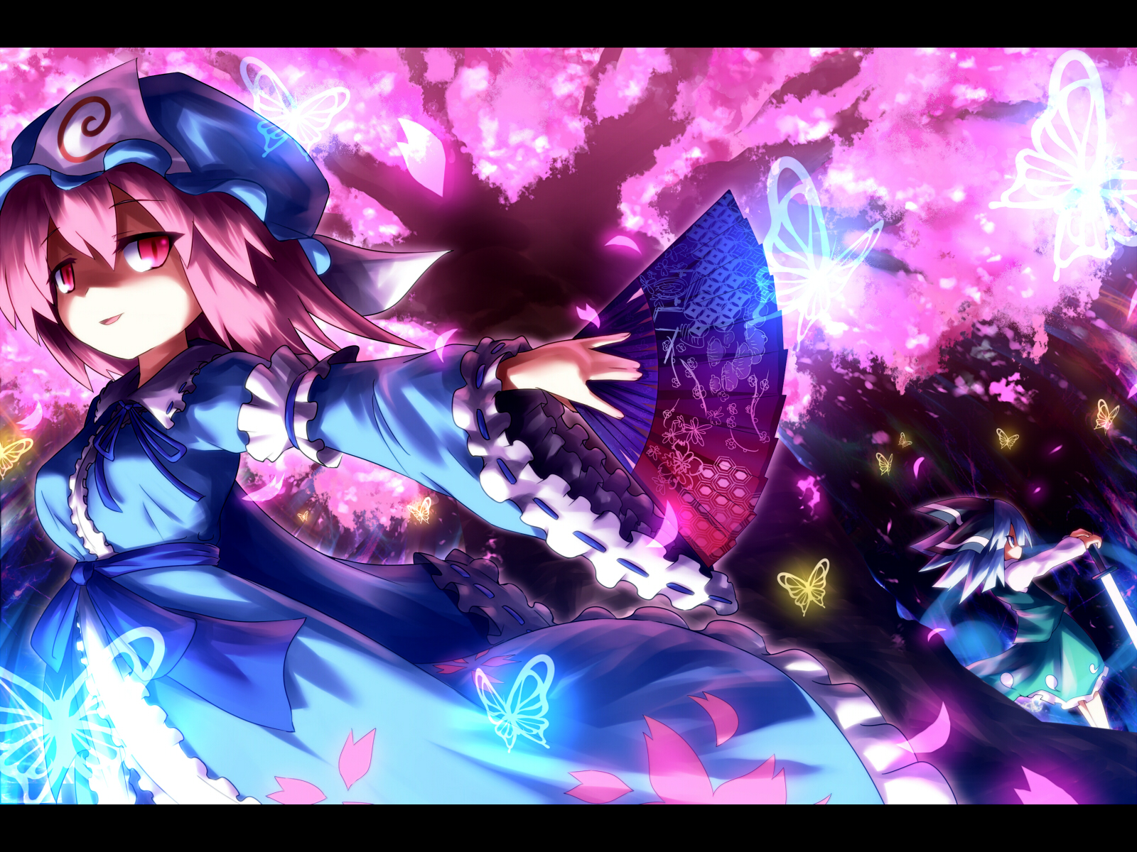ayakashi (monkeypanch), konpaku youmu, saigyouji yuyuko, touhou, silver hair, bad id, bad pixiv id, highres, 2girls, bug, butterfly, cherry blossoms, female focus, goshoguruma, hand fan, hat, hexagon, honeycomb pattern, insect, japanese clothes, katana, kimono, letterboxed, multiple girls, pink hair, red eyes, ribbon, saigyouji yuyuko's fan design, shippou (pattern), short hair, sword, weapon