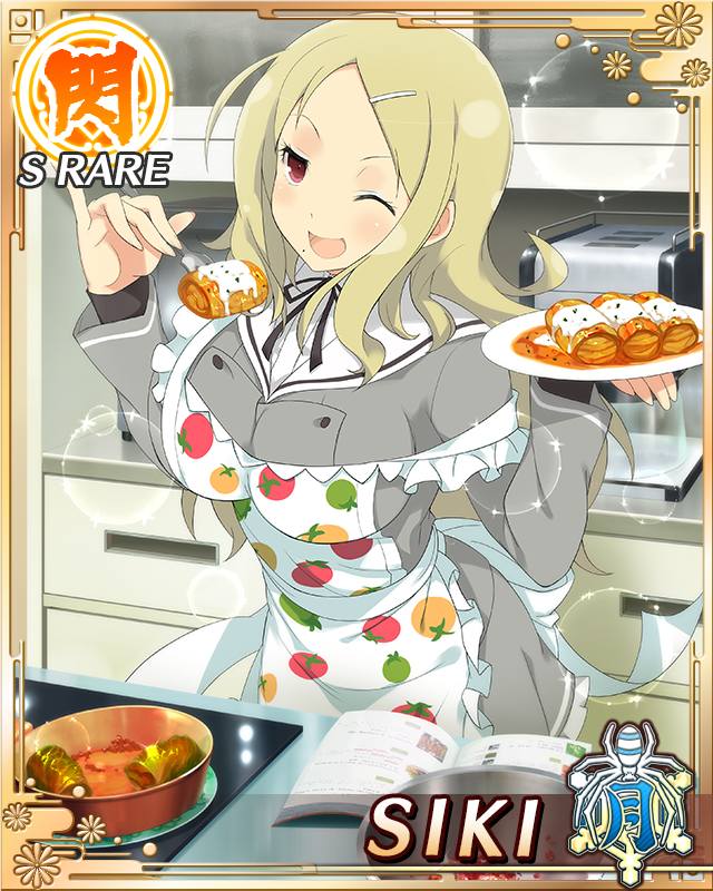 shiki (senran kagura), senran kagura, senran kagura new wave, game cg, official art, third-party source, 1girl, :d, apron, blonde hair, book, border, breasts, card (medium), character name, chimichanga, coat, cookbook, cooking, fork, gessen academy school uniform, grey coat, grey skirt, hair ornament, hairclip, holding, holding fork, incoming food, kitchen, large breasts, light blush, long hair, looking at viewer, middle part, mixing bowl, mole, mole under mouth, one eye closed, open mouth, parted bangs, plate, red eyes, sailor collar, school uniform, shirt, skirt, smile, solo, strap slip, vegetable print, white apron, white sailor collar, white shirt
