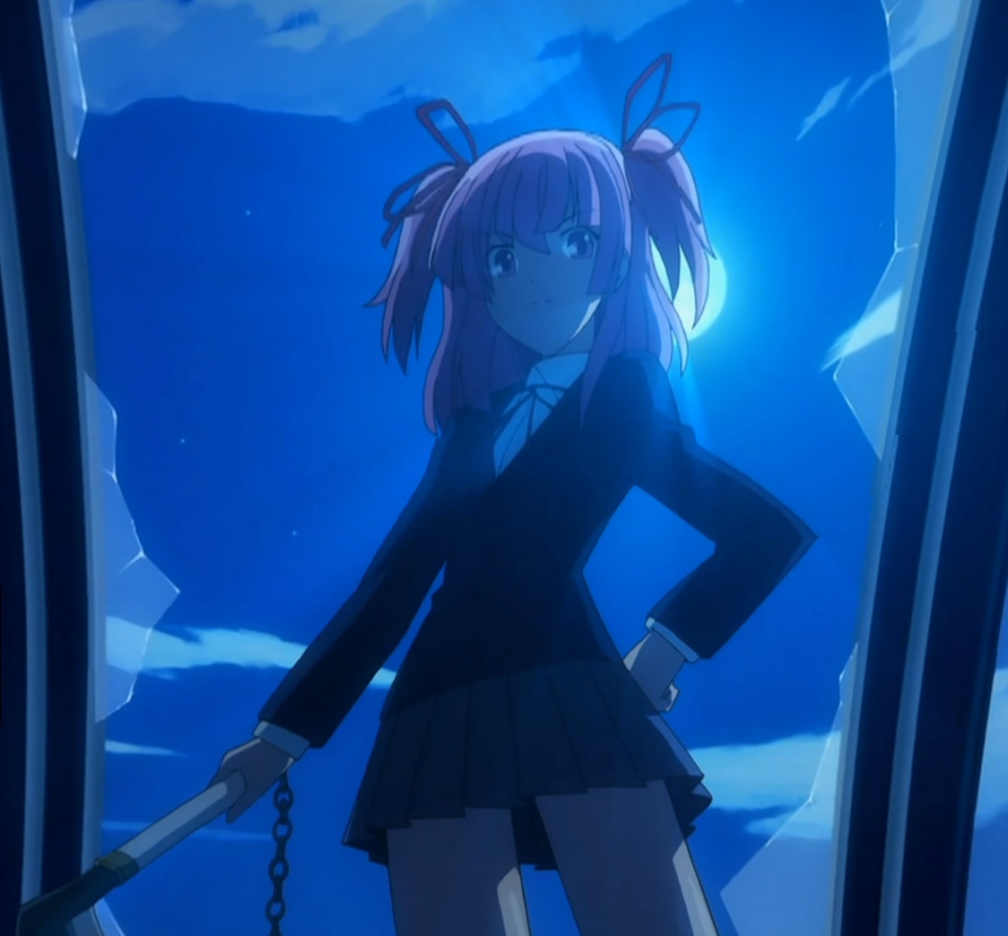 ueda rika, kampfer, anime screenshot, non-web source, stitched, third-party edit, 00s, 1girl, blue theme, chain, female focus, monochrome, moon, school uniform, scythe, solo