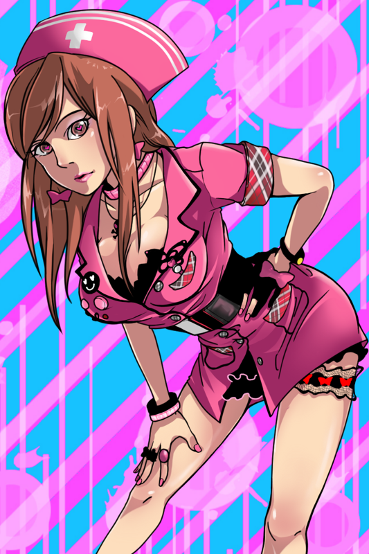 rocd, mayumi (trapeze), kuuchuu buranko, bad id, bad pixiv id, 00s, 1girl, black bra, bra, bracelet, breasts, brown eyes, brown hair, cleavage, female focus, hat, heart, jewelry, large breasts, lingerie, long hair, necklace, nurse, nurse cap, ring, solo, underwear