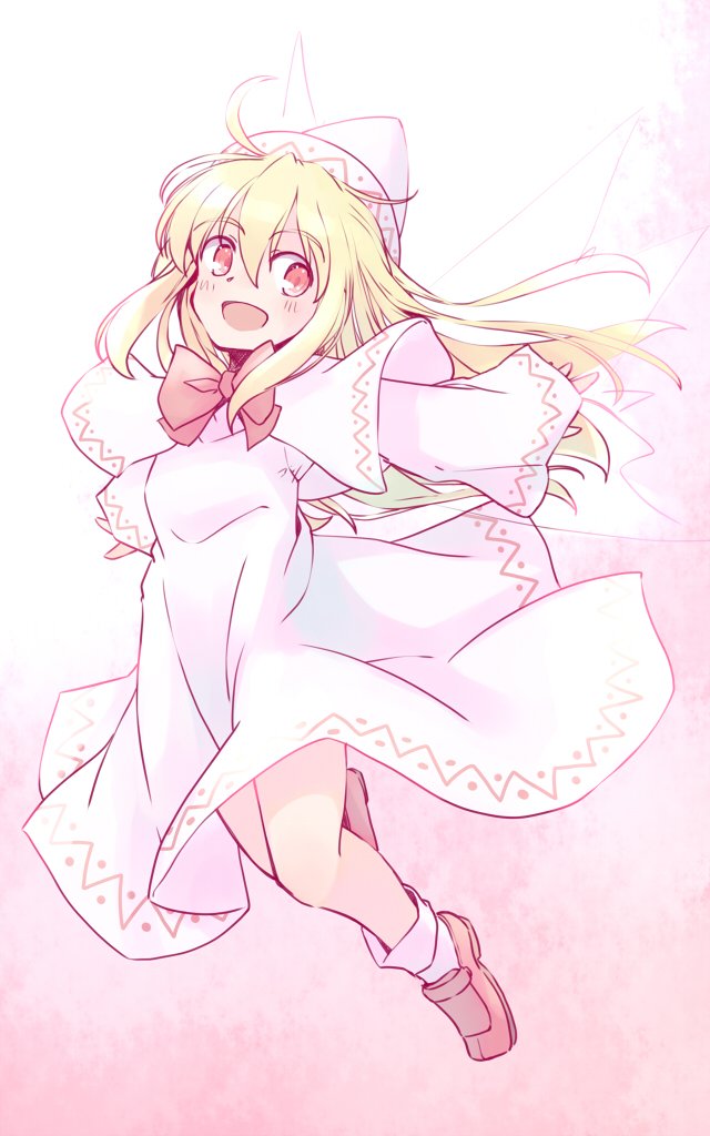 rangycrow, lily white, touhou, commentary request, 1girl, :d, blonde hair, blush, bow, bowtie, capelet, dress, fairy, fairy wings, full body, gradient background, hat, knees, long hair, one-hour drawing challenge, open mouth, pink background, red bow, red bowtie, red eyes, red shoes, shoes, sideways glance, smile, socks, solo, white capelet, white dress, white hat, white socks, wings