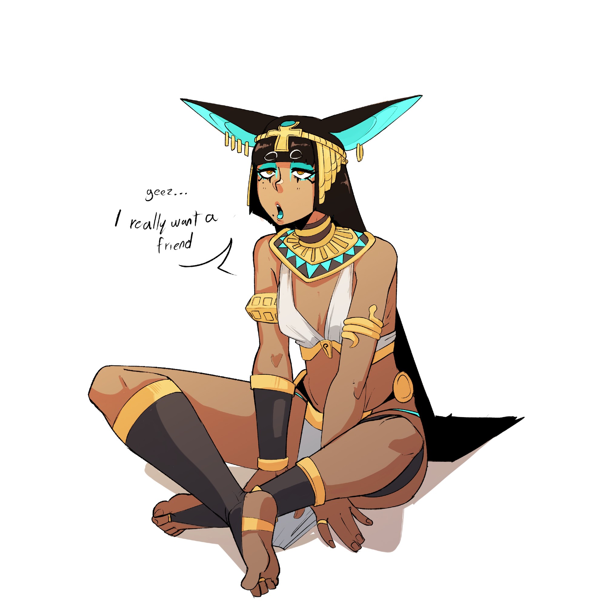 cupperexe, original, commentary, highres, 1girl, ancient egyptian clothes, animal ear piercing, animal ears, armlet, between legs, black hair, cat ears, dalilah (cupperexe), dark-skinned female, dark skin, eyeliner, full body, hand between legs, indian style, jewelry, long hair, makeup, open mouth, simple background, sitting, soles, solo, speech bubble, white background