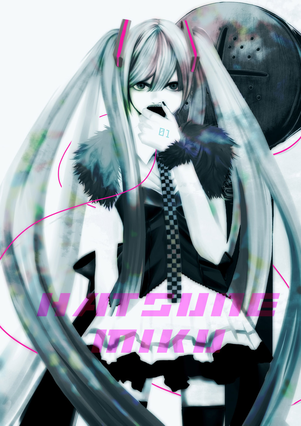 yamaneko (nekonoakubi), hatsune miku, vocaloid, bad id, bad pixiv id, highres, 1girl, aqua eyes, aqua hair, female focus, long hair, pale color, skirt, solo, twintails, very long hair