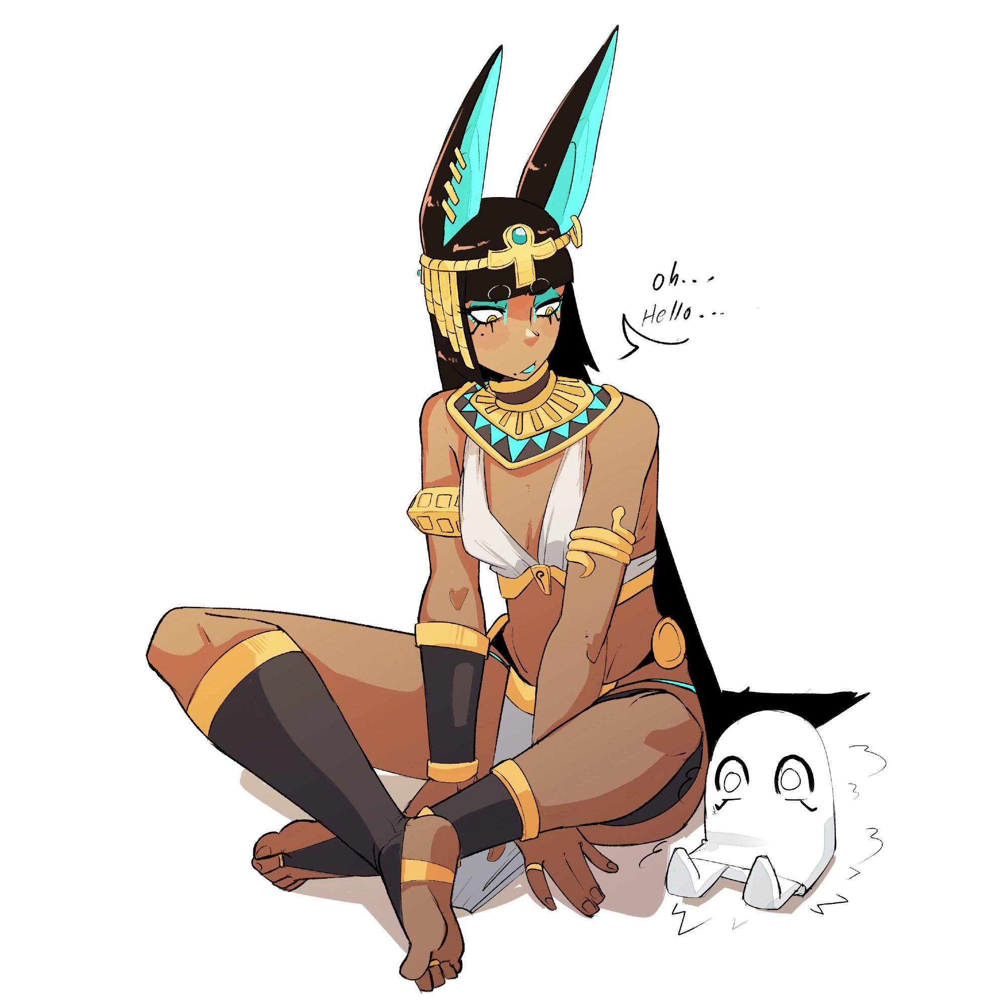 cupperexe, medjed (mythology), egyptian mythology, original, commentary, highres, 1girl, ancient egyptian clothes, animal ear piercing, animal ears, armlet, between legs, black hair, cat ears, dalilah (cupperexe), dark-skinned female, dark skin, eyeliner, full body, hand between legs, indian style, jewelry, long hair, looking at another, makeup, open mouth, simple background, sitting, soles, solo, speech bubble, white background