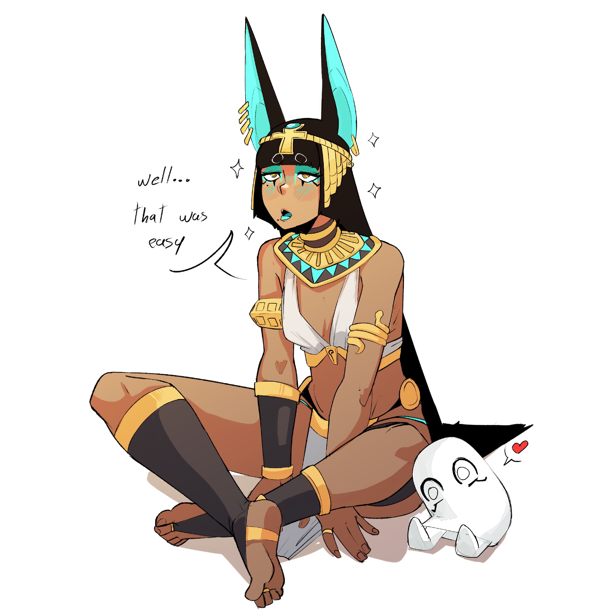 cupperexe, medjed (mythology), egyptian mythology, original, commentary, highres, 1girl, ancient egyptian clothes, animal ear piercing, animal ears, armlet, between legs, black hair, cat ears, dalilah (cupperexe), dark-skinned female, dark skin, eyeliner, full body, hand between legs, heart, indian style, jewelry, long hair, makeup, open mouth, simple background, sitting, soles, solo, speech bubble, spoken heart, white background