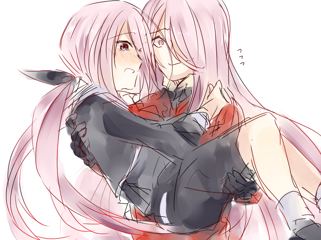 201 (yield), minamisawa senri, chaos;child, science adventure, 2girls, blush, carrying, clenched teeth, coat, gloves, haida riko, hair over one eye, hair ribbon, hekiho academy school uniform, long hair, multiple girls, pink hair, princess carry, red coat, ribbon, school uniform, simple background, teeth, very long hair, white background