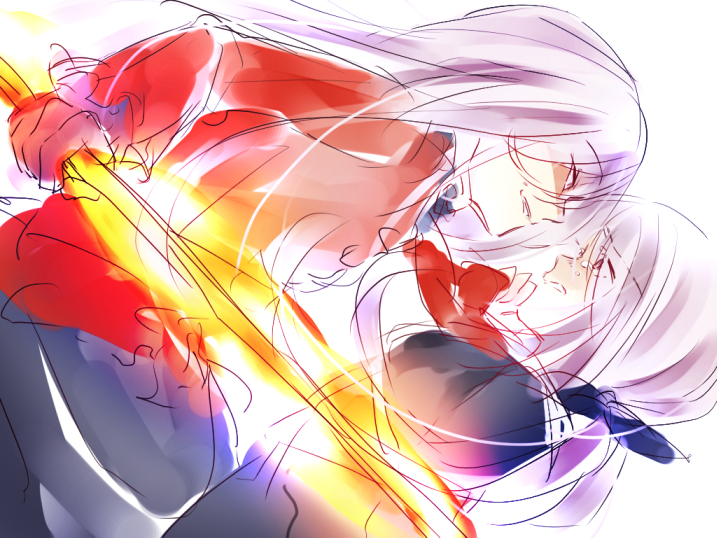 201 (yield), minamisawa senri, chaos;child, science adventure, 2girls, black ribbon, black skirt, coat, d-sword, evil grin, evil smile, fire, flaming sword, flaming weapon, gloves, grin, haida riko, hair ribbon, hekiho academy school uniform, long hair, multiple girls, pink hair, pyrokinesis, red coat, ribbon, scared, school uniform, skirt, smile, sword, twintails, weapon