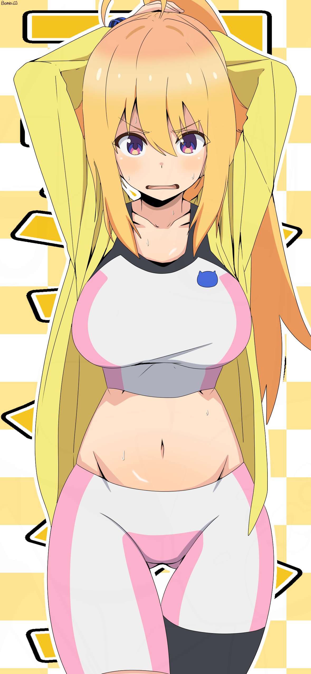 bambi2000line, hoshino fumina, koshi torako, gundam, shikanoko nokonoko koshitantan, absurdres, highres, 1girl, adjusting hair, ahoge, bike shorts, blonde hair, breasts, cosplay, embarrassed, hoshino fumina (cosplay), jacket, navel, open mouth, shorts, sports bra, white shorts, white sports bra, yellow eyes, yellow jacket