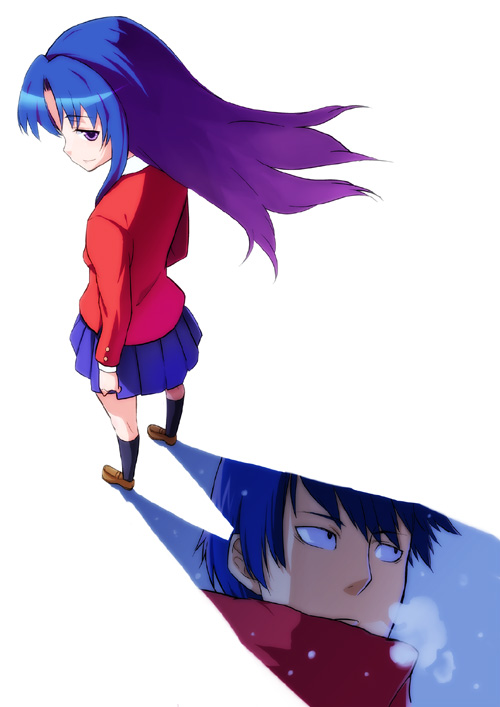 takeuchi dojio, kawashima ami, takasu ryuuji, toradora!, bad id, bad pixiv id, 00s, 1boy, 1girl, black eyes, blue eyes, blue hair, gradient hair, long hair, multicolored hair, scarf, school uniform, shoes, simple background, smile, snowing, socks, white background