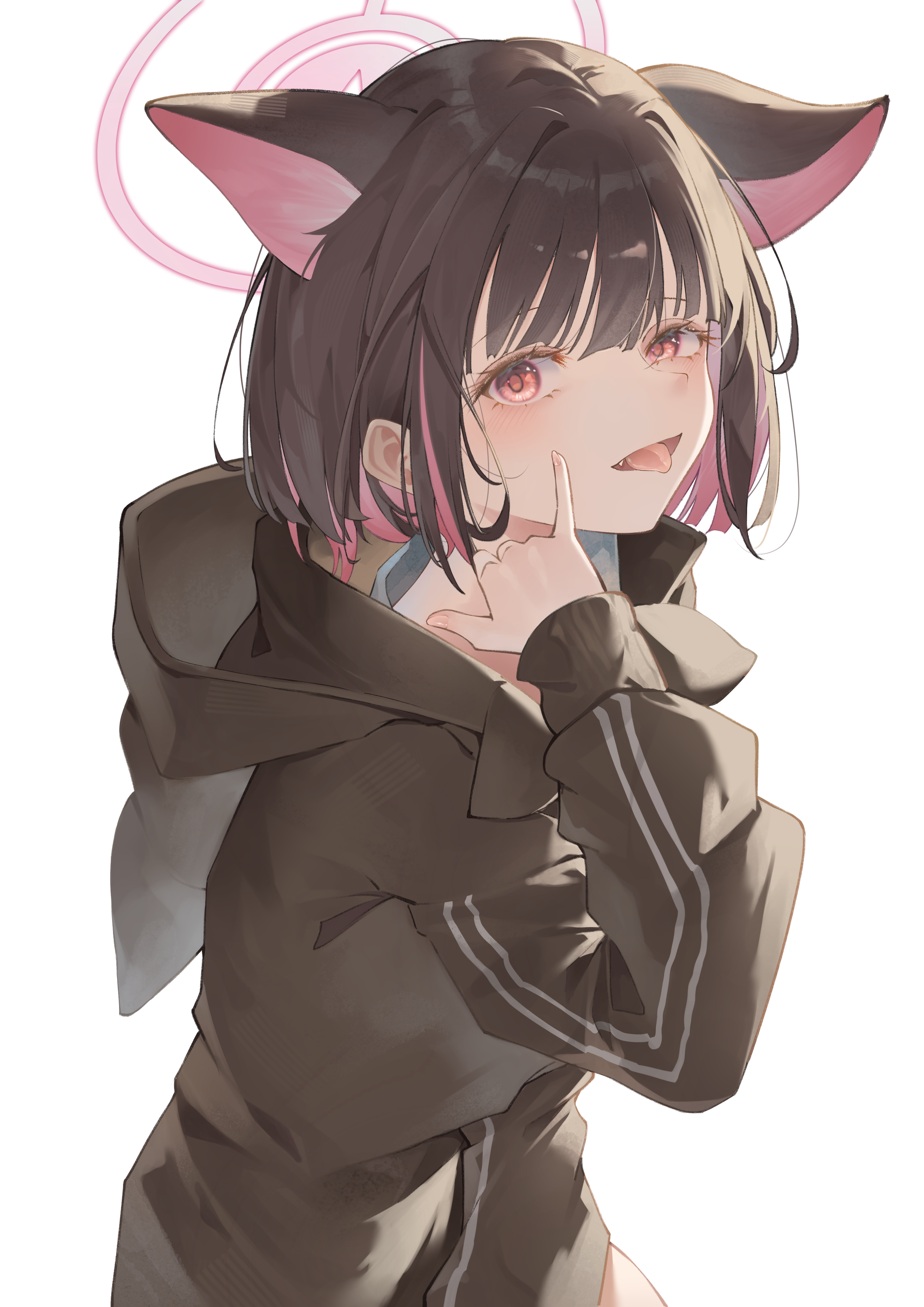 miku rasha, kazusa (blue archive), blue archive, absurdres, commentary, highres, 1girl, animal ears, black hair, black hoodie, cat ears, cat girl, colored inner animal ears, colored inner hair, fang, halo, hand up, hood, hood down, hoodie, long sleeves, looking at viewer, multicolored hair, open mouth, pink hair, pink halo, red eyes, short hair, simple background, solo, tongue, tongue out, two-tone hair, upper body, white background