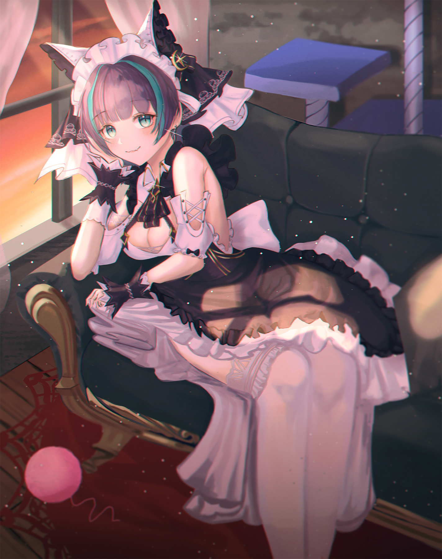setora q, cheshire (azur lane), azur lane, commentary, highres, symbol-only commentary, 1girl, animal ears, apron, aqua eyes, aqua streaks, bare shoulders, black apron, black wrist cuffs, breasts, cat tower, cleavage, couch, detached sleeves, earrings, fake animal ears, feet out of frame, frilled apron, frilled hairband, frills, hairband, hand on own cheek, hand on own face, indoors, jewelry, lace, lace-trimmed thighhighs, lace trim, leaning to the side, looking at viewer, maid headdress, medium breasts, multicolored hair, on couch, orange sky, puffy detached sleeves, puffy short sleeves, puffy sleeves, purple hair, short hair, short sleeves, sitting, sky, solo, streaked hair, thighhighs, white thighhighs, window, wrist cuffs, yarn, yarn ball