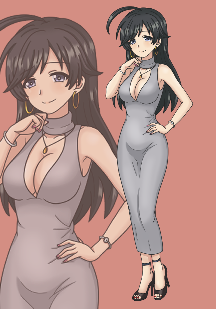 kkonmulbeom nyomy, isuzu hana, girls und panzer, 1girl, ahoge, black hair, blue eyes, blush, breasts, cleavage, dress, earrings, full body, grey dress, jewelry, larg breasts, long hair, nail polish, necklace, simple background, smile, solo, standing