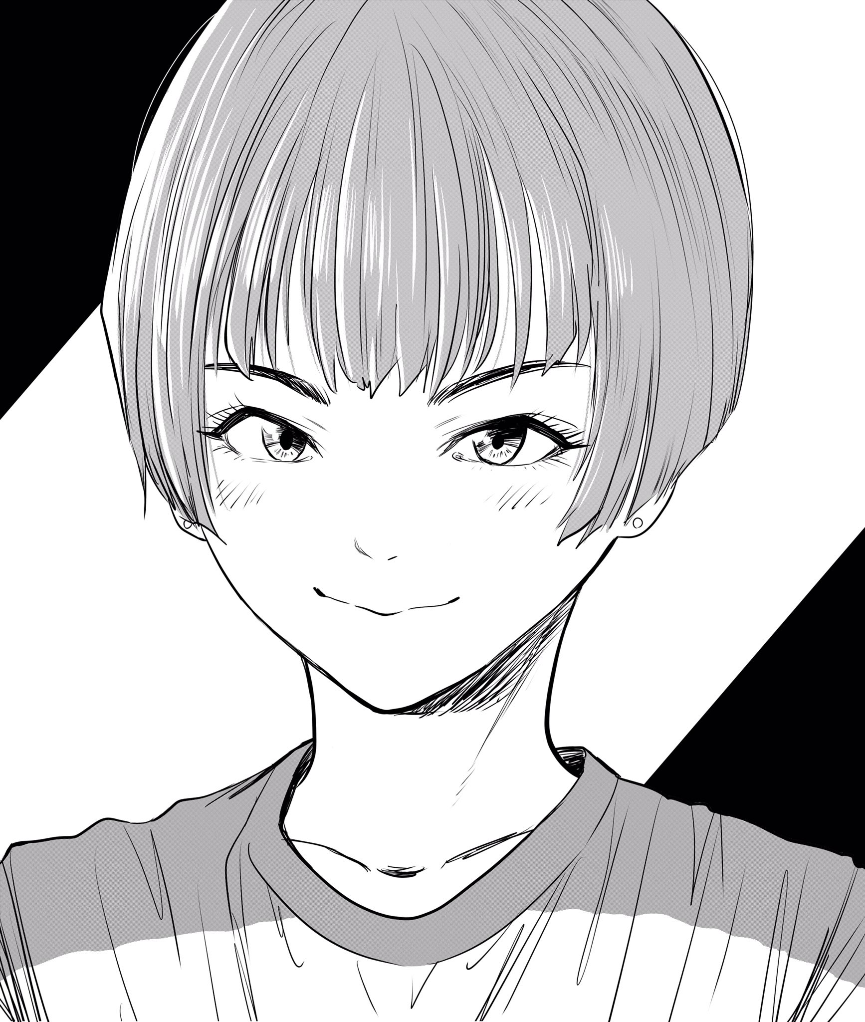 lee (dragon garou), original, commentary request, highres, 1other, androgynous, earrings, greyscale, jewelry, light blush, monochrome, other focus, portrait, short hair, smile, solo, stud earrings