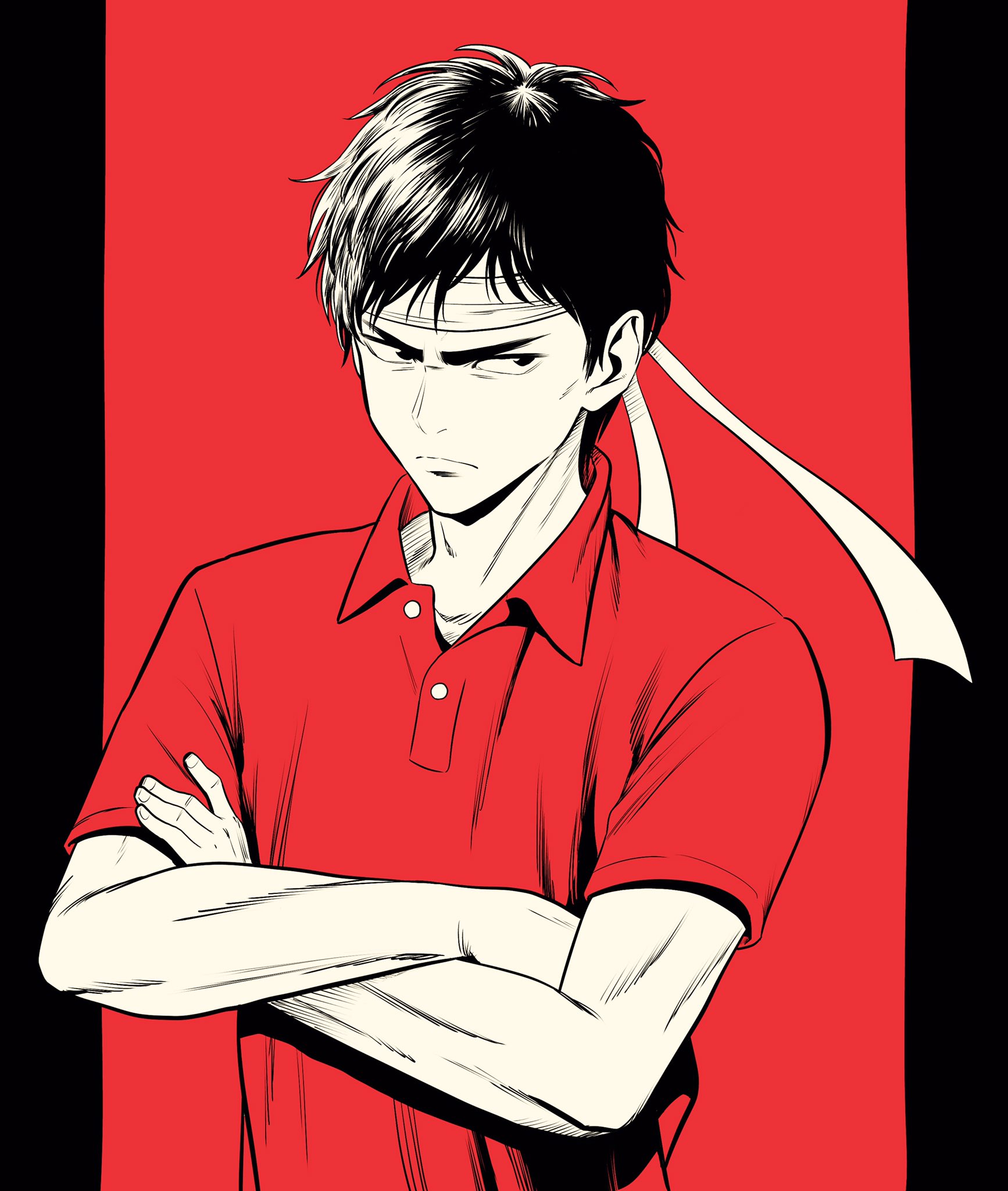 lee (dragon garou), original, commentary request, highres, 1boy, crossed arms, frown, hachimaki, hatching (texture), headband, male focus, partially colored, polo shirt, red background, red shirt, serious, shirt, solo