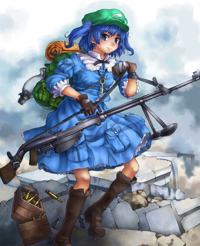 yossyzero, kawashiro nitori, touhou, 1girl, anti-materiel rifle, backpack, bag, blue eyes, blue hair, boots, bullet, female focus, gloves, gun, hair bobbles, hair ornament, hat, key, matching hair/eyes, ptrs-41, randoseru, rifle, short hair, sniper rifle, solo, twintails, two side up, weapon