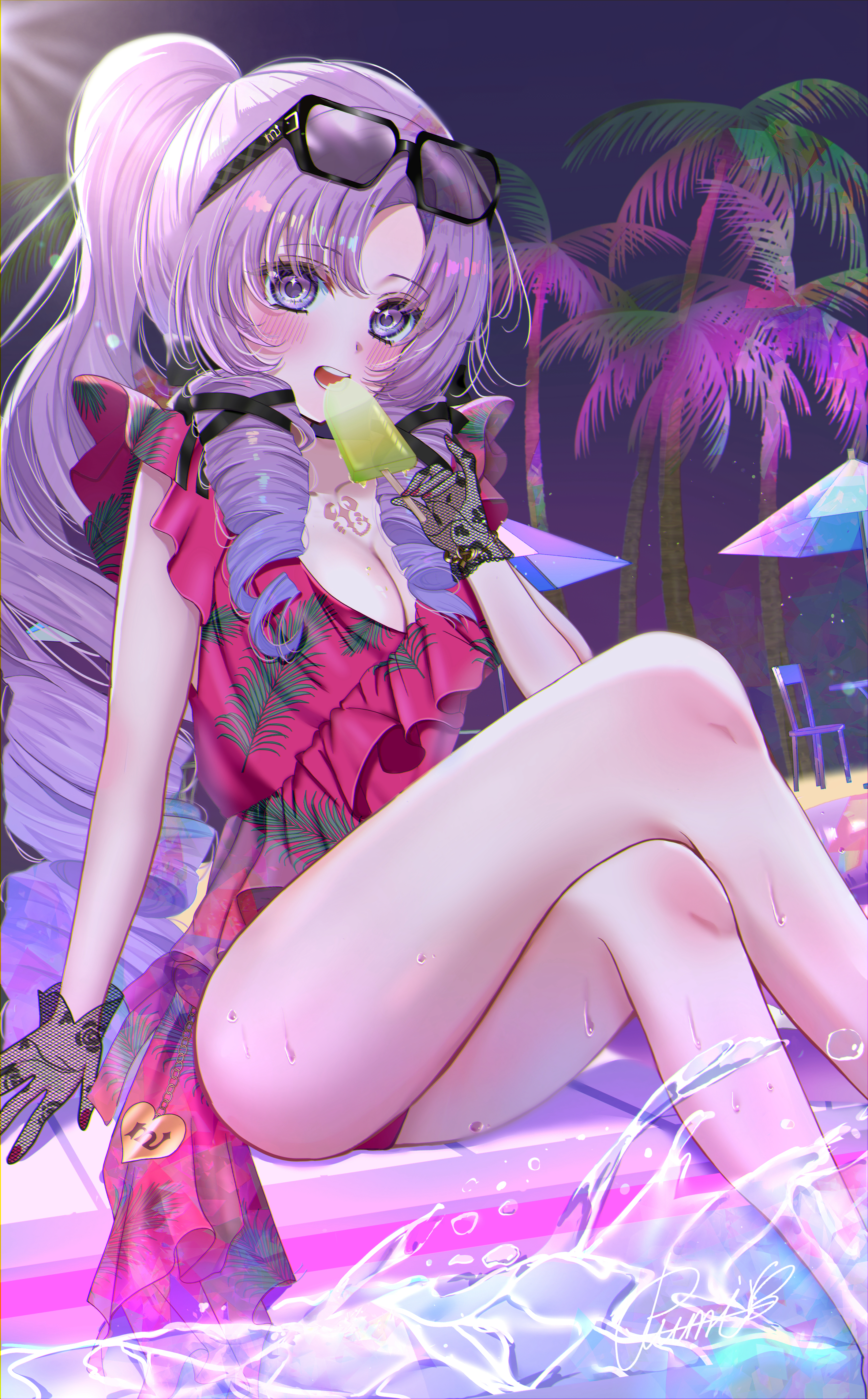 hyakumantenbara salome, nijisanji, absurdres, commentary request, highres, 1girl, blush, breasts, cleavage, collarbone, crossed legs, dress, dress swimsuit, drill hair, eyewear on head, fishnet gloves, fishnets, food, frilled dress, frills, gloves, high ponytail, holding, holding food, holding popsicle, kurosakirumi, large breasts, long hair, looking at viewer, one-piece swimsuit, open mouth, outdoors, palm tree, ponytail, popsicle, print dress, print swimsuit, purple eyes, purple hair, red dress, red one-piece swimsuit, signature, sitting, sky, solo, sunglasses, swimsuit, tree, virtual youtuber, water