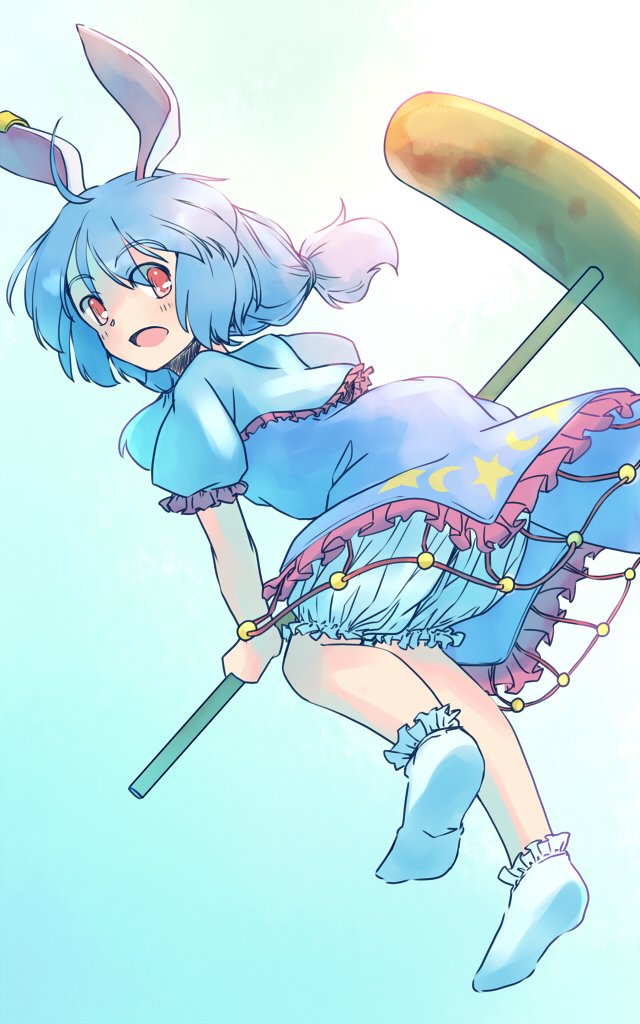 rangycrow, seiran (touhou), touhou, commentary request, 1girl, animal ears, bloomers, blue background, blue capelet, blue dress, blue hair, blush, capelet, dress, frilled dress, frills, from side, full body, holding, holding mallet, kine, looking back, mallet, one-hour drawing challenge, open mouth, puffy short sleeves, puffy sleeves, rabbit ears, rabbit girl, red eyes, short sleeves, sideways glance, socks, solo, twintails, underwear, white bloomers, white socks