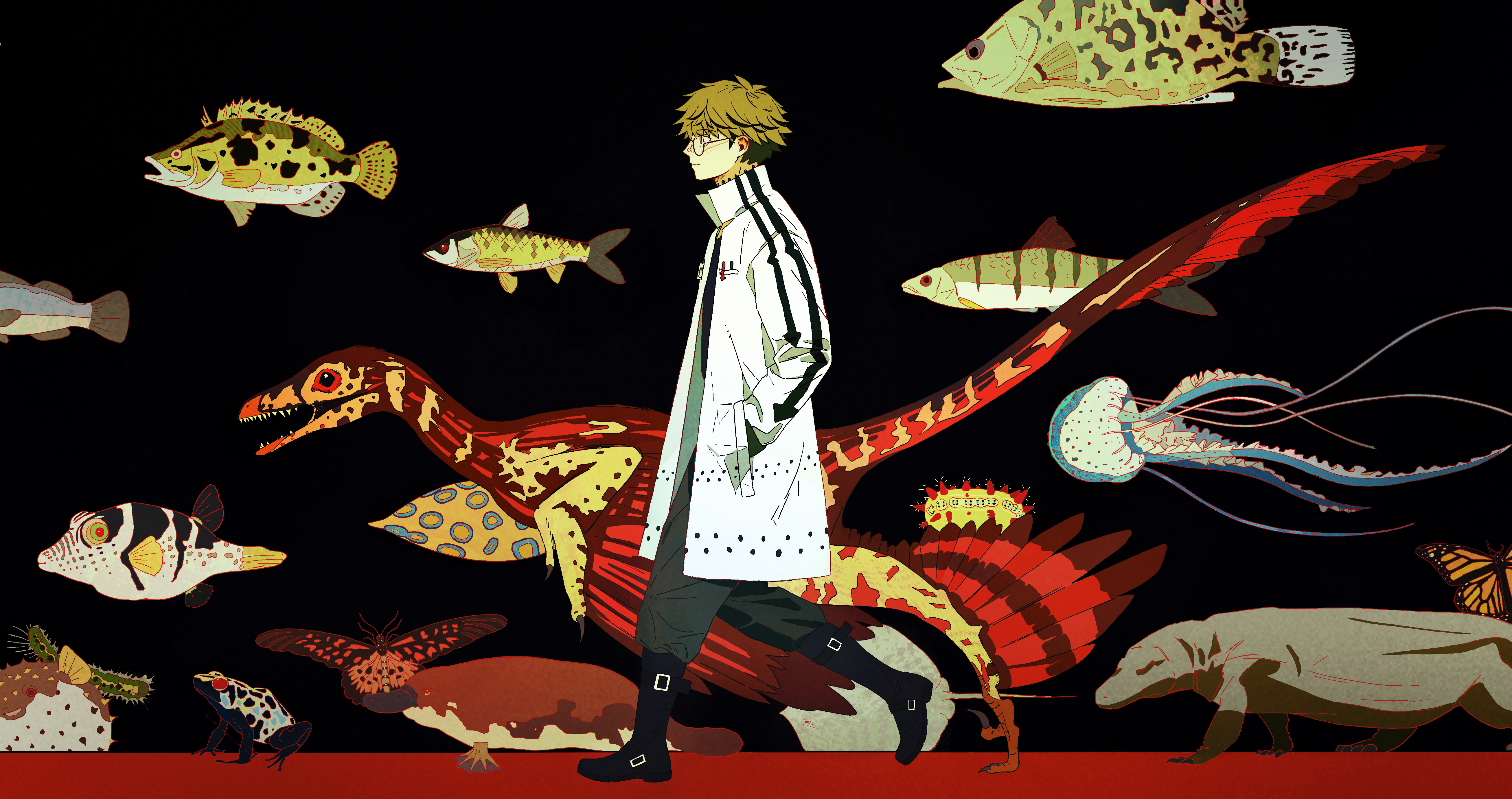 chaojufei, original, absurdres, commentary, highres, 1boy, bug, butterfly, feathers, fish, frog, from side, glasses, hands in pockets, insect, jellyfish, komodo dragon, lizard, monarch butterfly, platypus, puffer fish, round eyewear, short hair