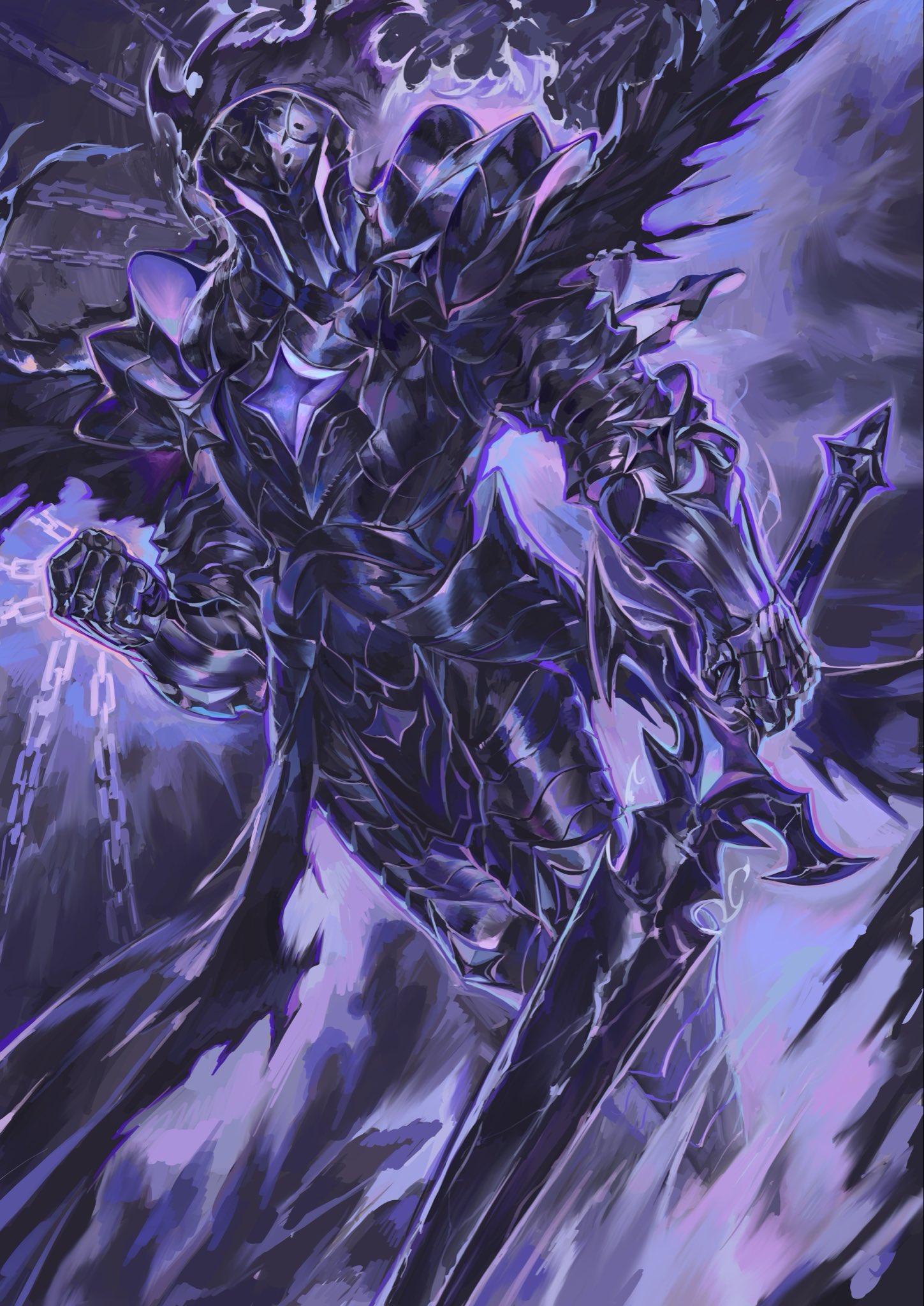 nameno92372763, silent salt cookie, cookie run, commentary, english commentary, highres, 1boy, armor, black armor, chain, gauntlets, holding, holding sword, holding weapon, knight, male focus, shoulder armor, solo, sword, visor (armor), weapon