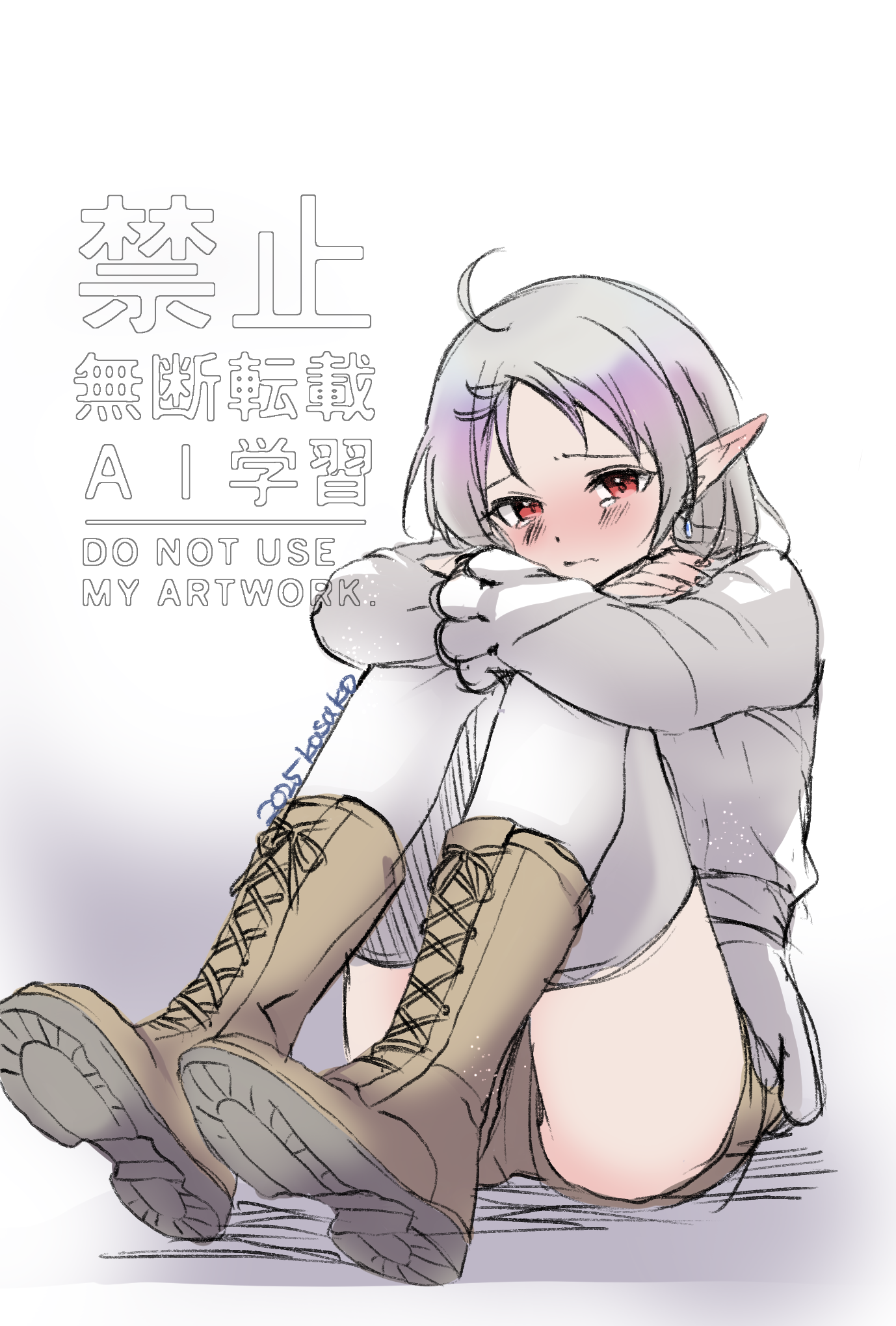 kasakasako, sylphiette (mushoku tensei), mushoku tensei, commentary request, highres, 1girl, ahoge, black boots, black shorts, blush, boots, closed mouth, crossed arms, elf, full body, gradient background, grey hair, grey shirt, grey thighhighs, knees up, long sleeves, looking at viewer, pointy ears, red eyes, shirt, short shorts, shorts, sitting, solo, tearing up, thighhighs, watermark